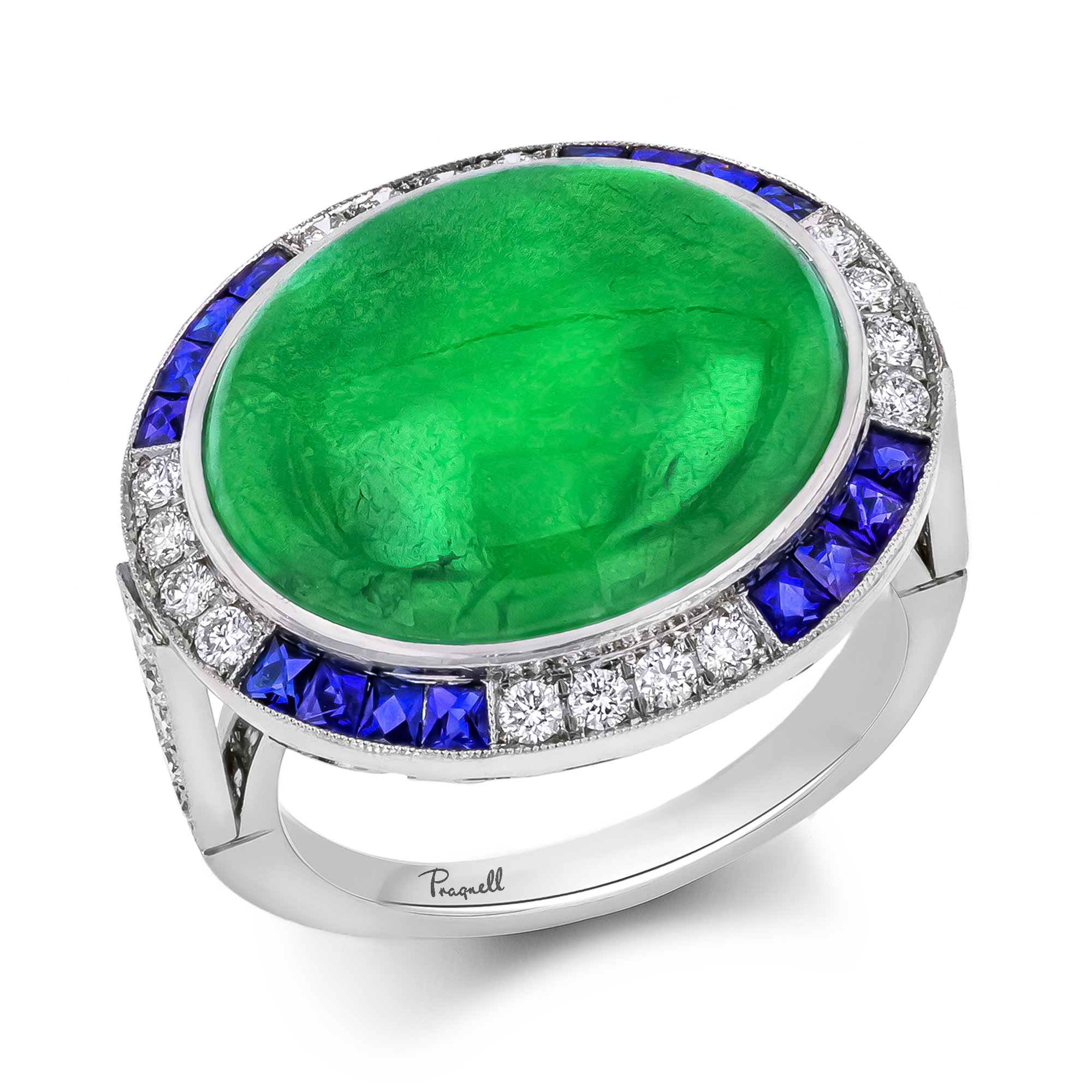 Cabochon Jadeite Ring Cluster Ring with Diamond Shoulders_1