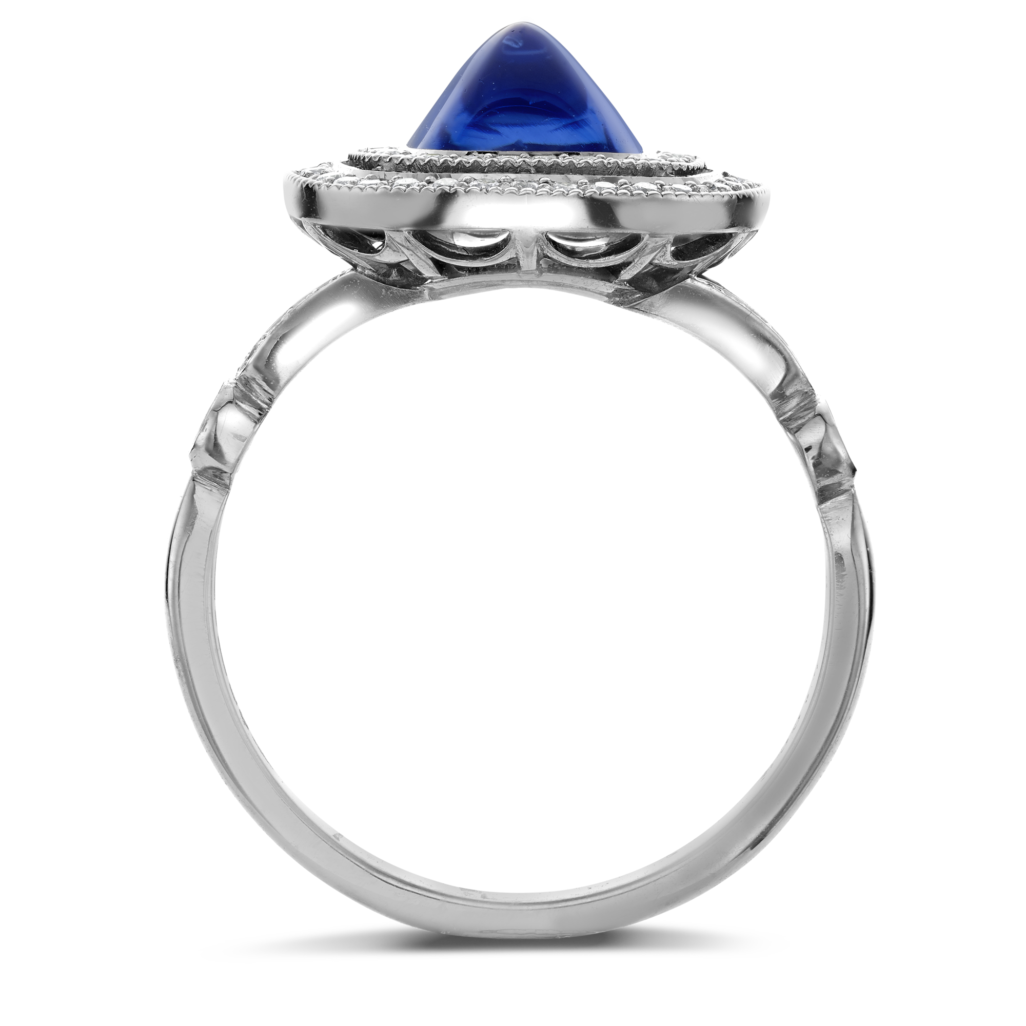 Sugarloaf Cabochon Sapphire Ring Unheated with a Diamond Surround_3