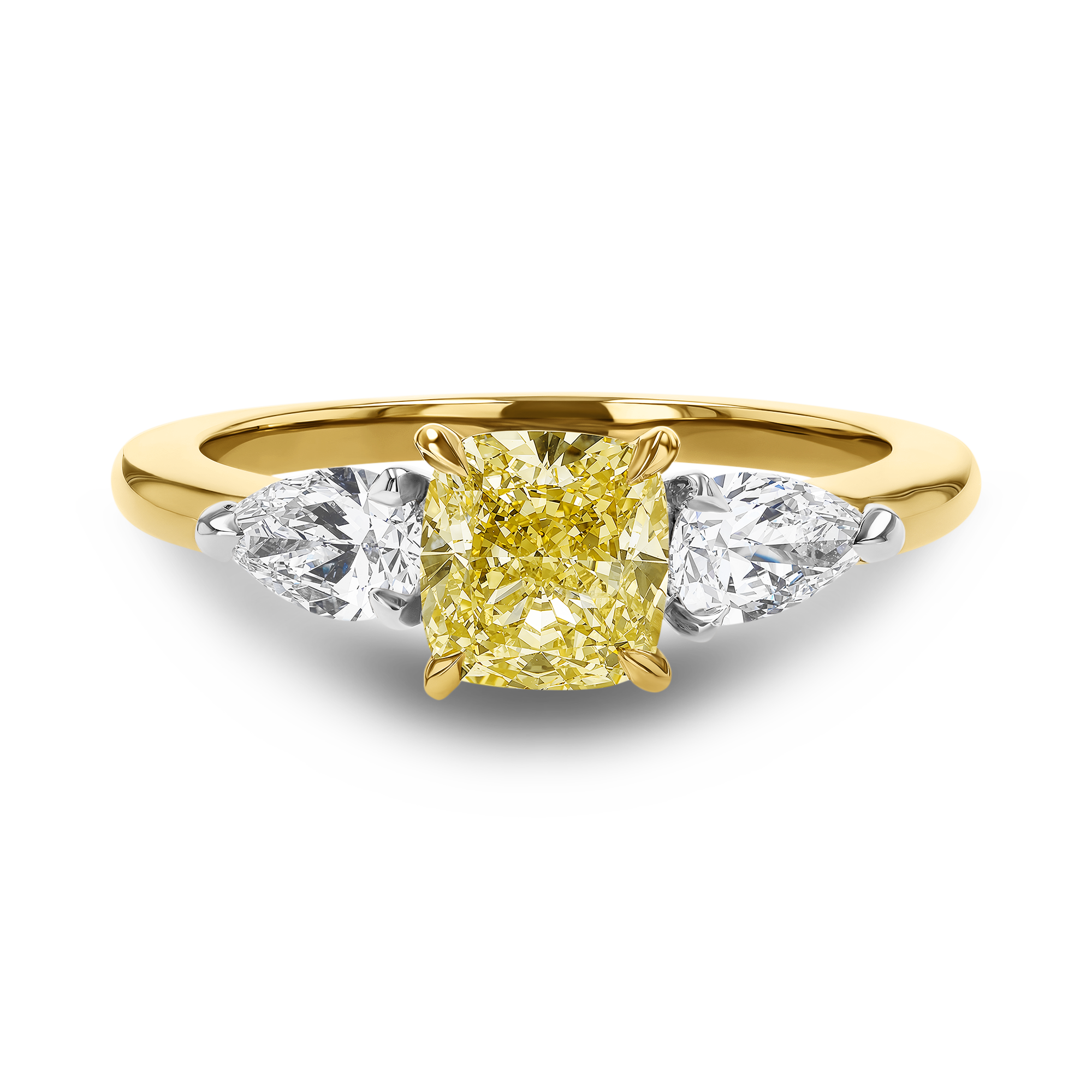 Cushion Cut 1.24ct Kimberley Fancy Intense Yellow Diamond Three Stone Ring Cushion modern cut, Claw set_2