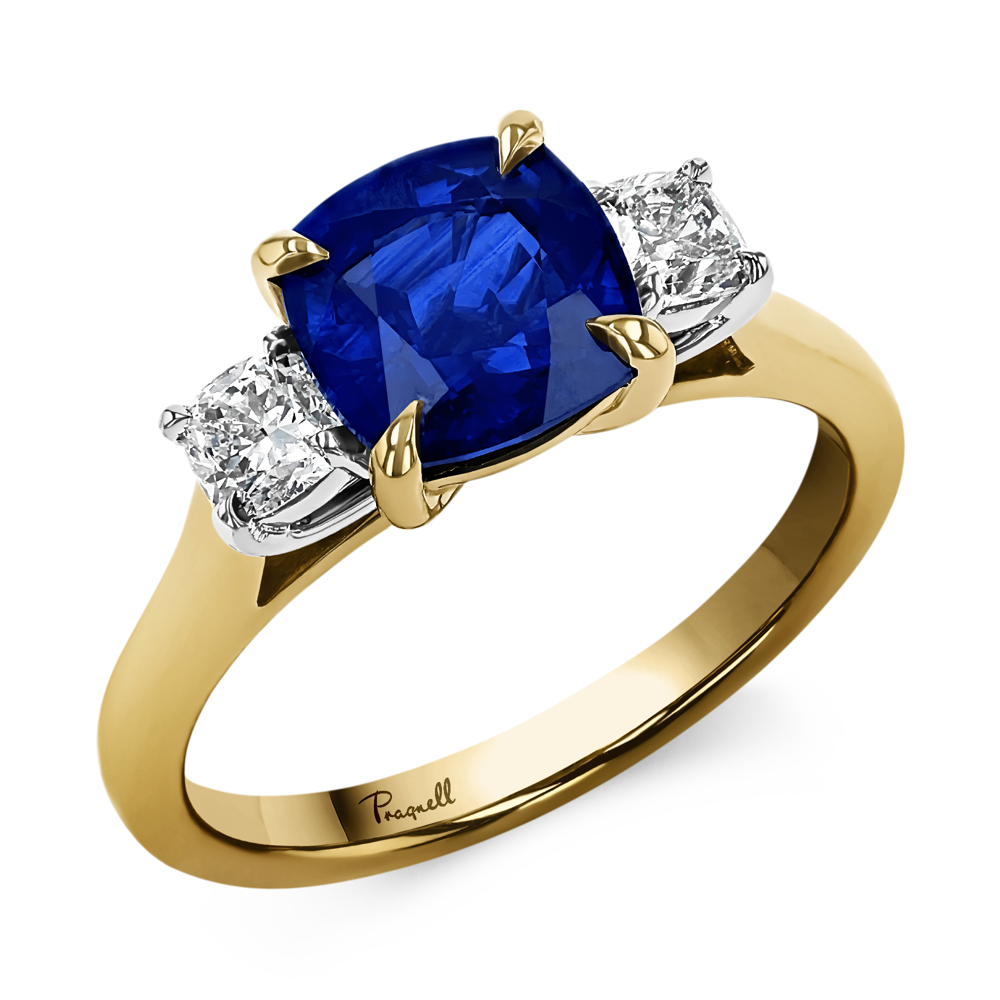 Classic 2.56ct Sapphire and Diamond Three Stone Ring Cushion Cut, Claw Set_1