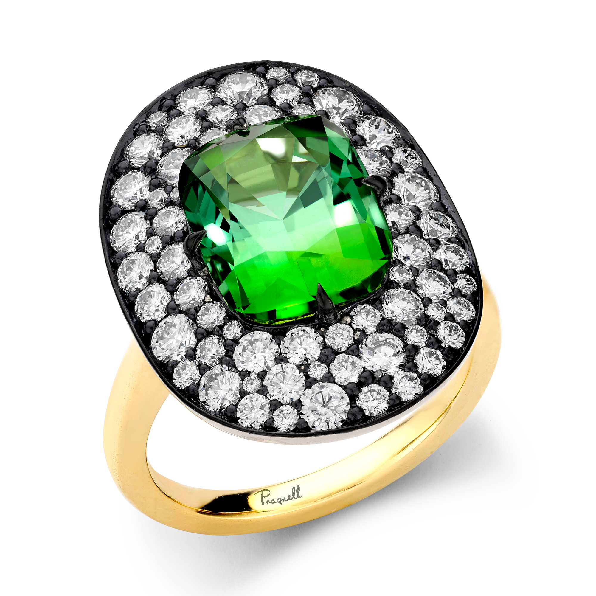 Snowstorm 4.85ct Green Tourmaline and Diamond Cocktail Ring Cushion modern cut, Claw set_1