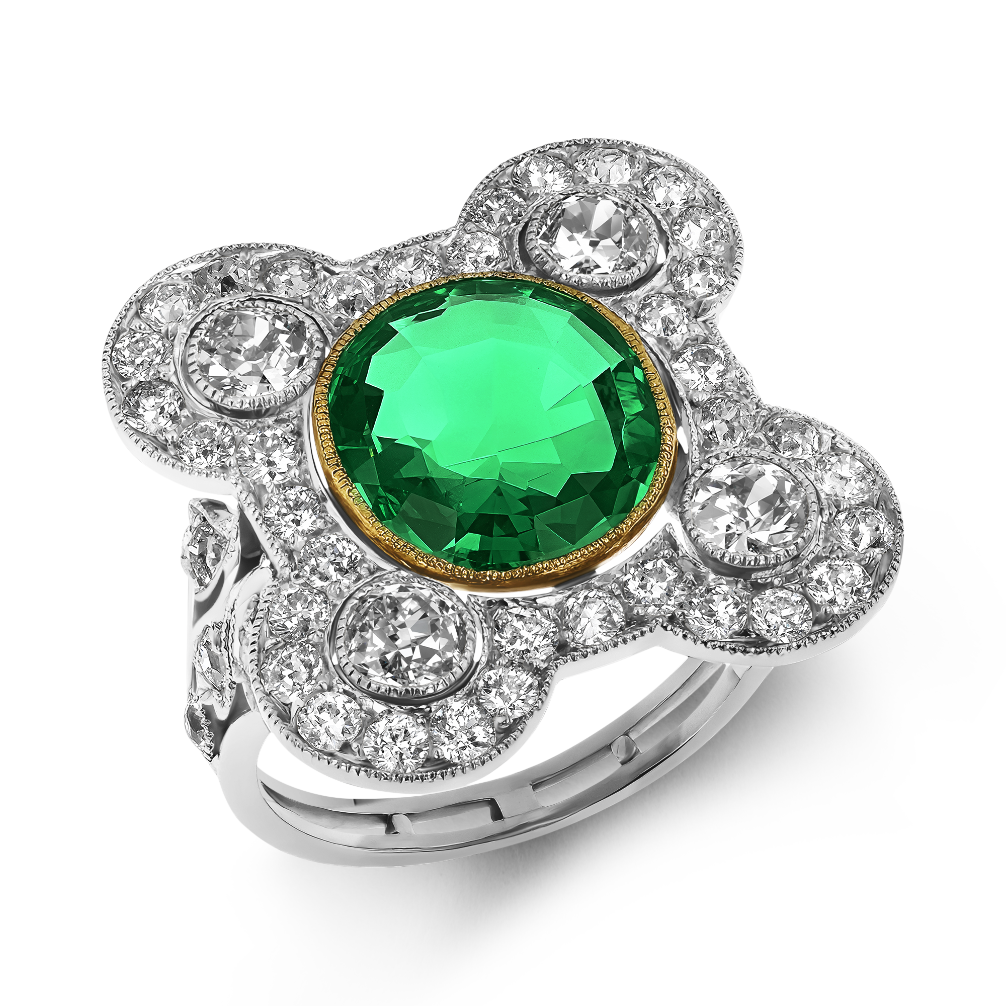 Edwardian 2.91ct Emerald and Diamond Dress Ring Oval Cut, Millegrain Set_1