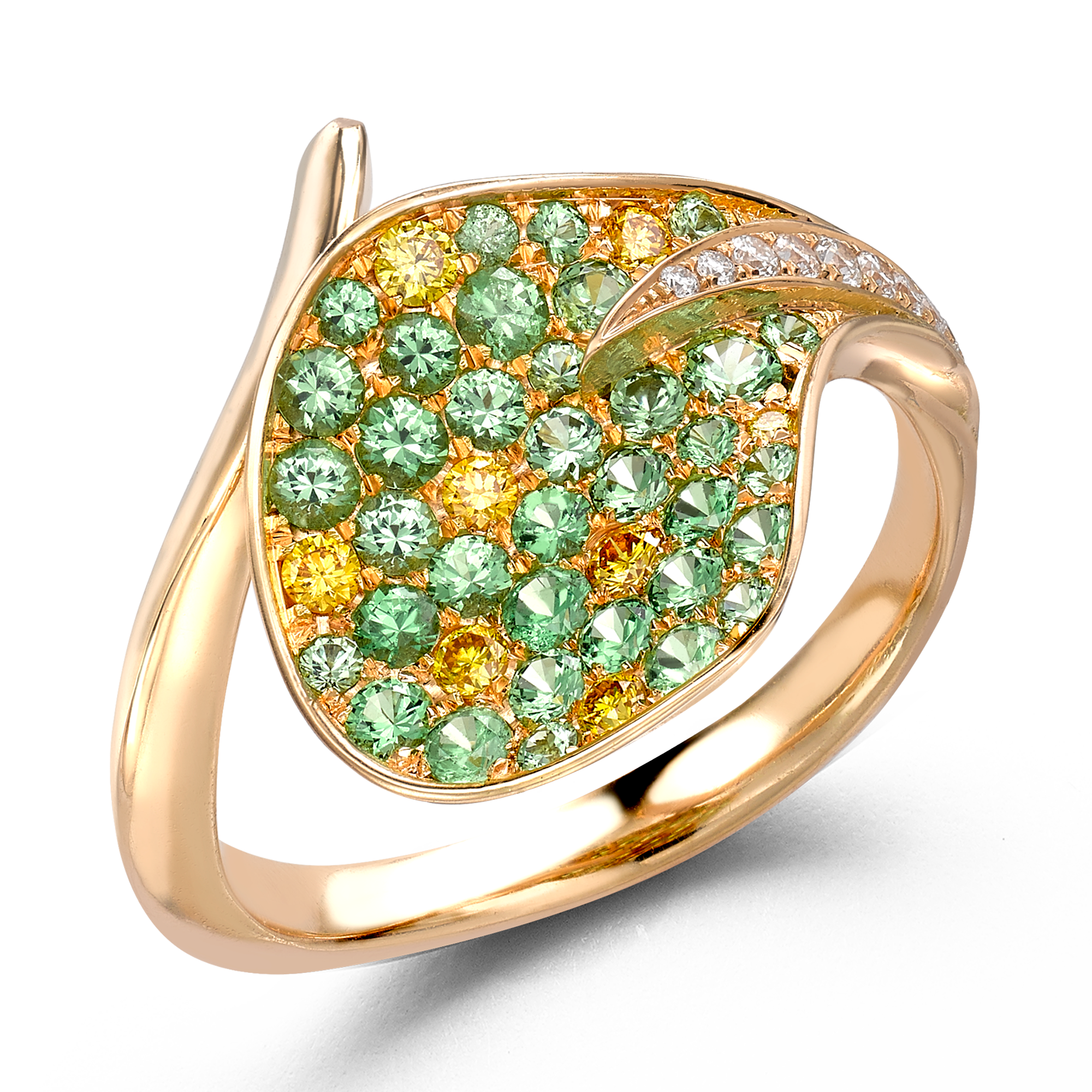 Wildflower Honeysuckle Tsavorite and Yellow Diamond Ring Brilliant Cut, PavéSet_2