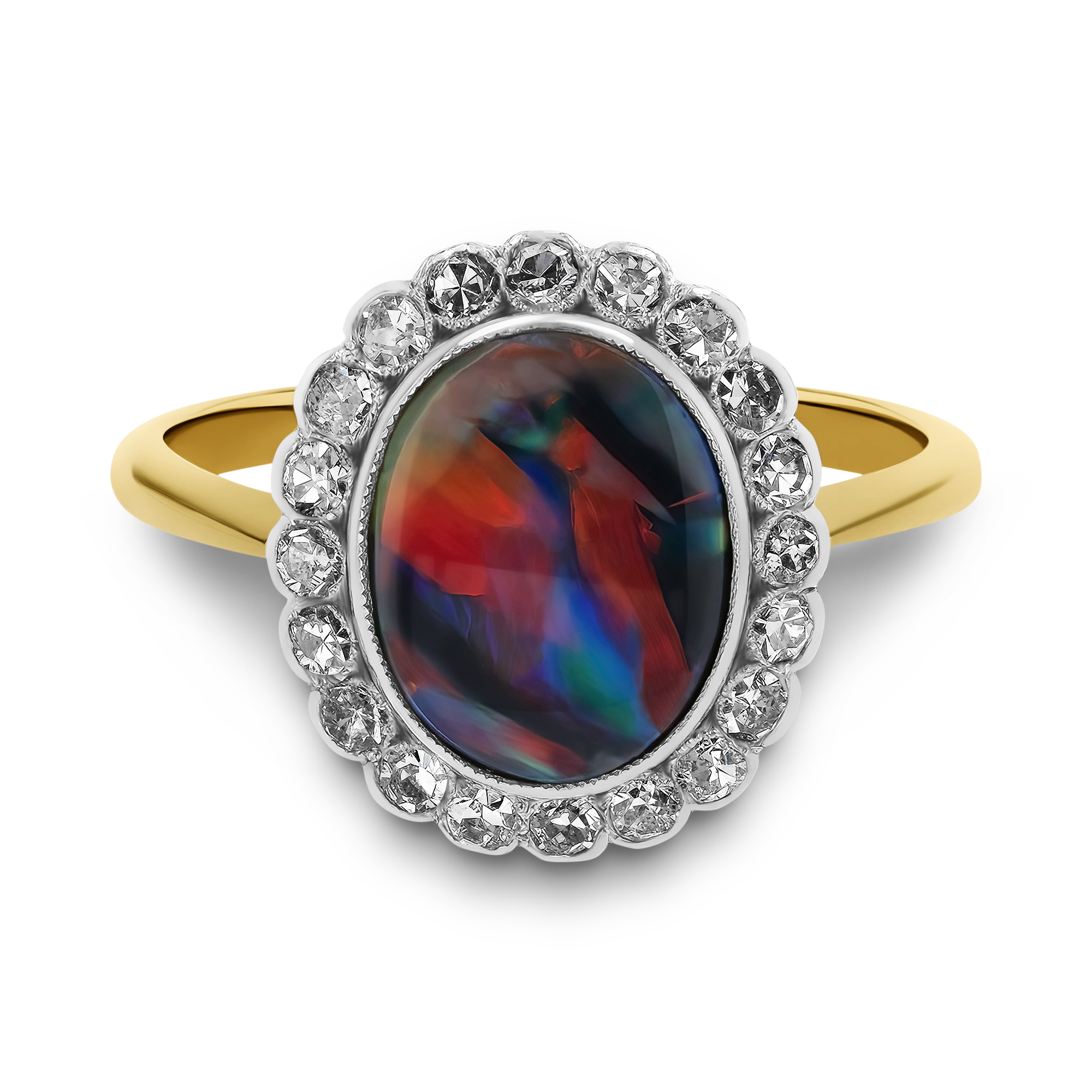 Edwardian Opal and Diamond Cluster Ring Oval Cut, Rubover Set_2