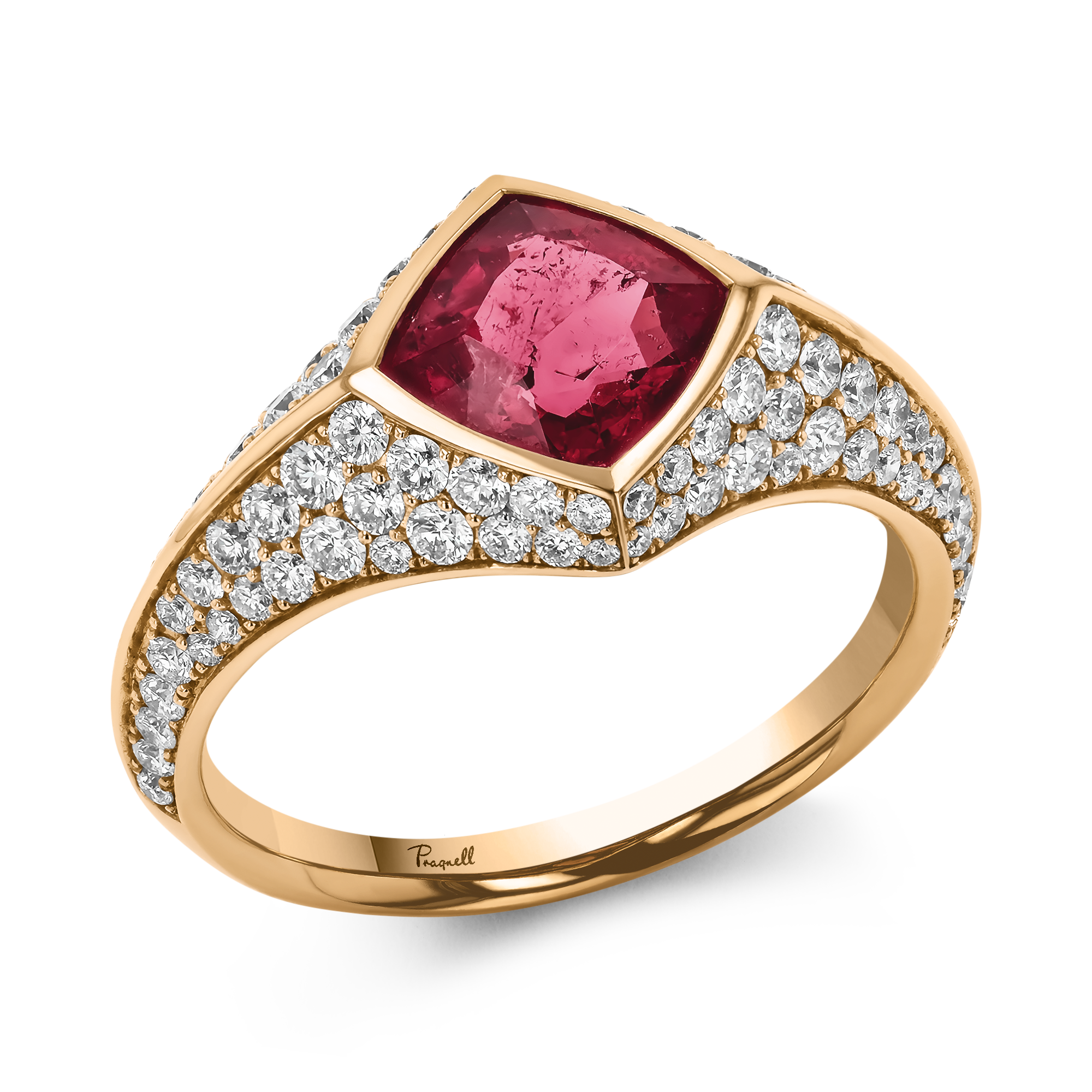 Square Cut 1.58ct Rubellite and Diamond Ring Square Cut, Rubover Set_1