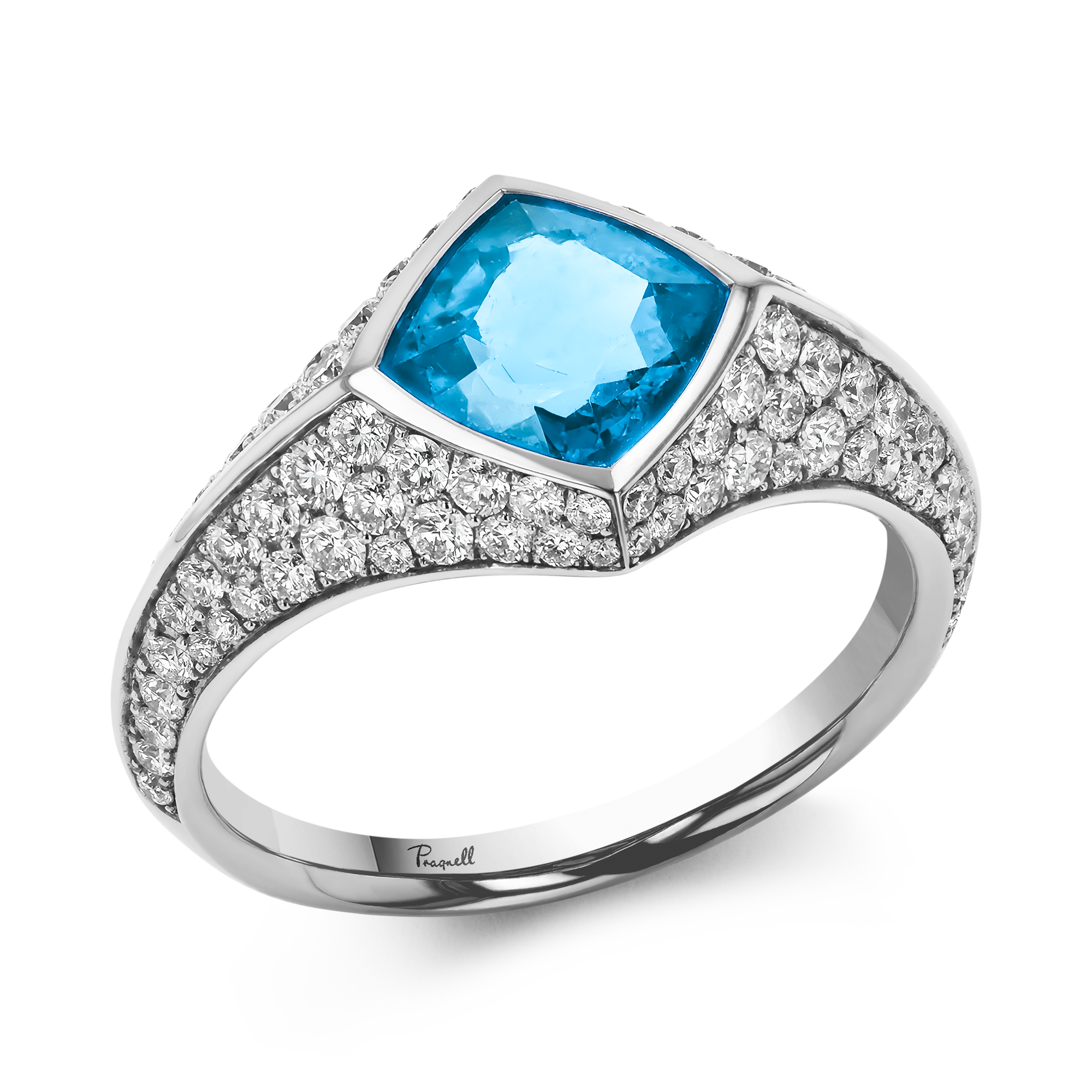 Square Cut 1.30ct Aquamarine and Diamond Ring in 18ct White Gold Square Cut, Rubover Set_1