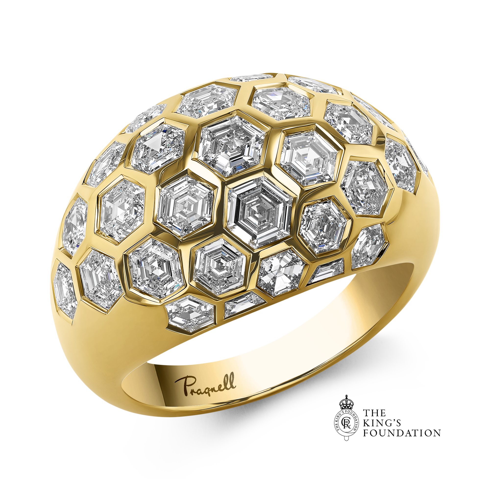 Honeycomb 3.54ct Diamond Bombé Ring Hexagonal Cut, Rubover Set_1