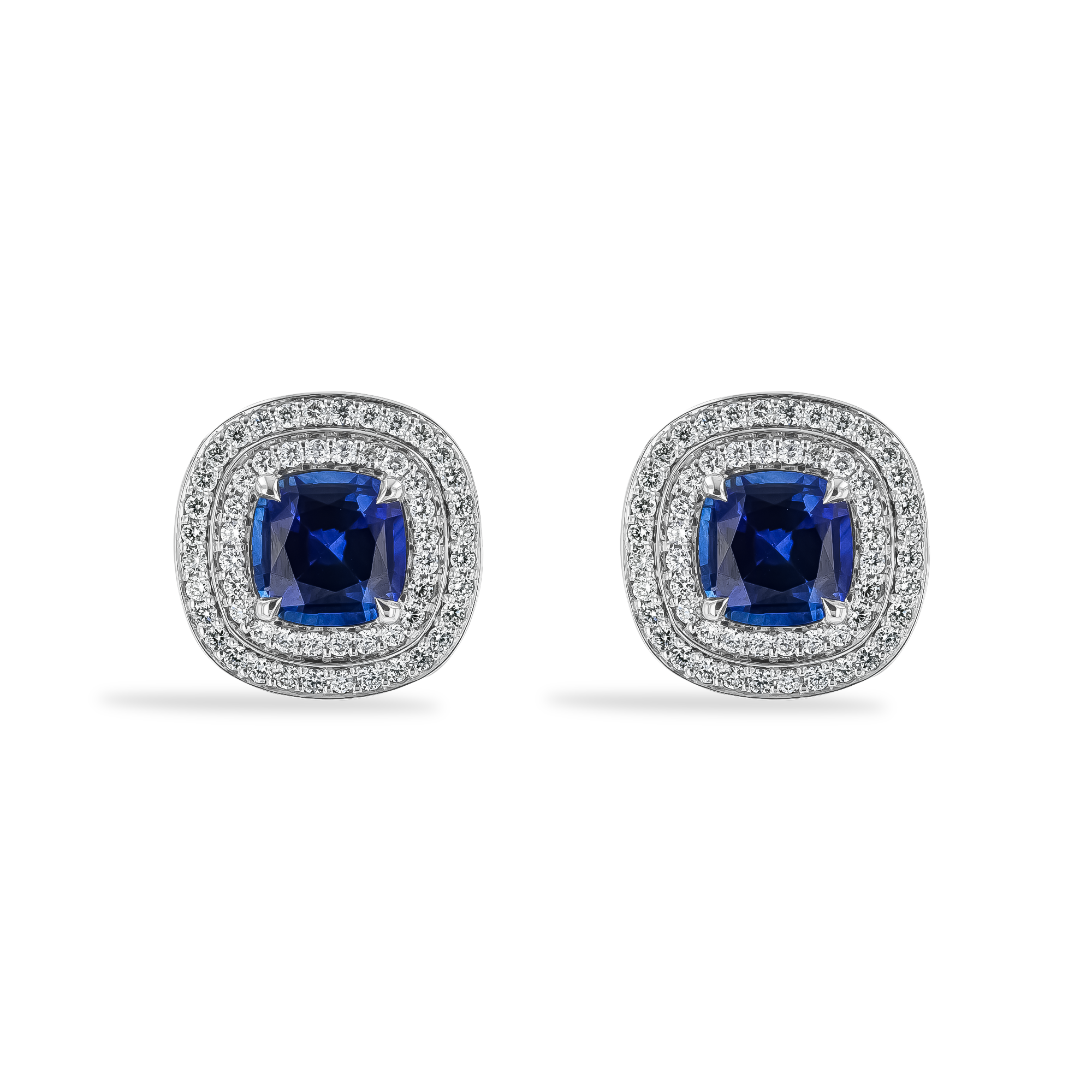 Cushion Cut 2.38cts Sapphire and Diamond Double Halo Earrings Cushion & Brilliant Cut, Claw Set_1