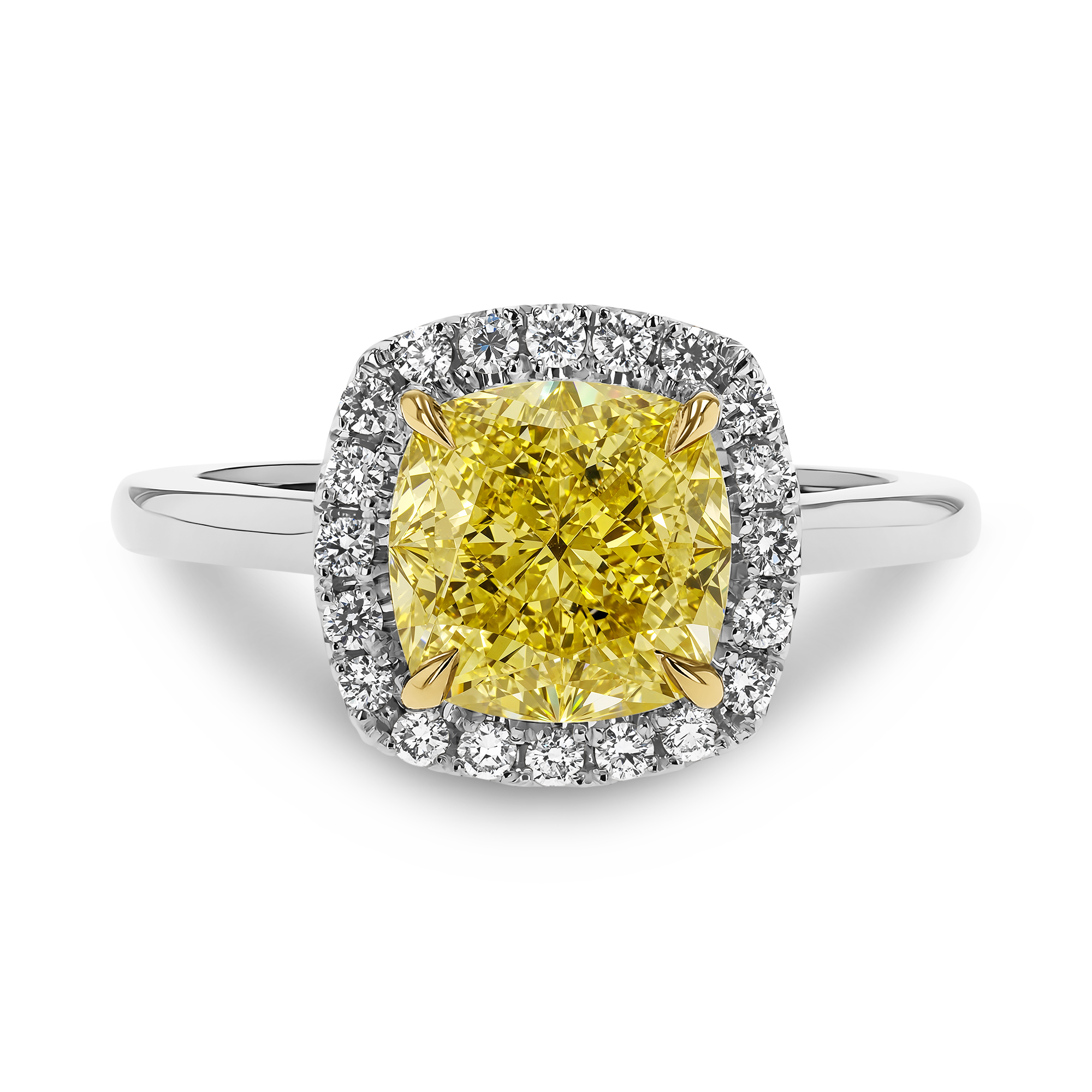 Cushion Cut 3.02ct Kimberley Fancy Intense Yellow Diamond Cluster Ring Cushion Modern & Brilliant Cut, Claw Set_2