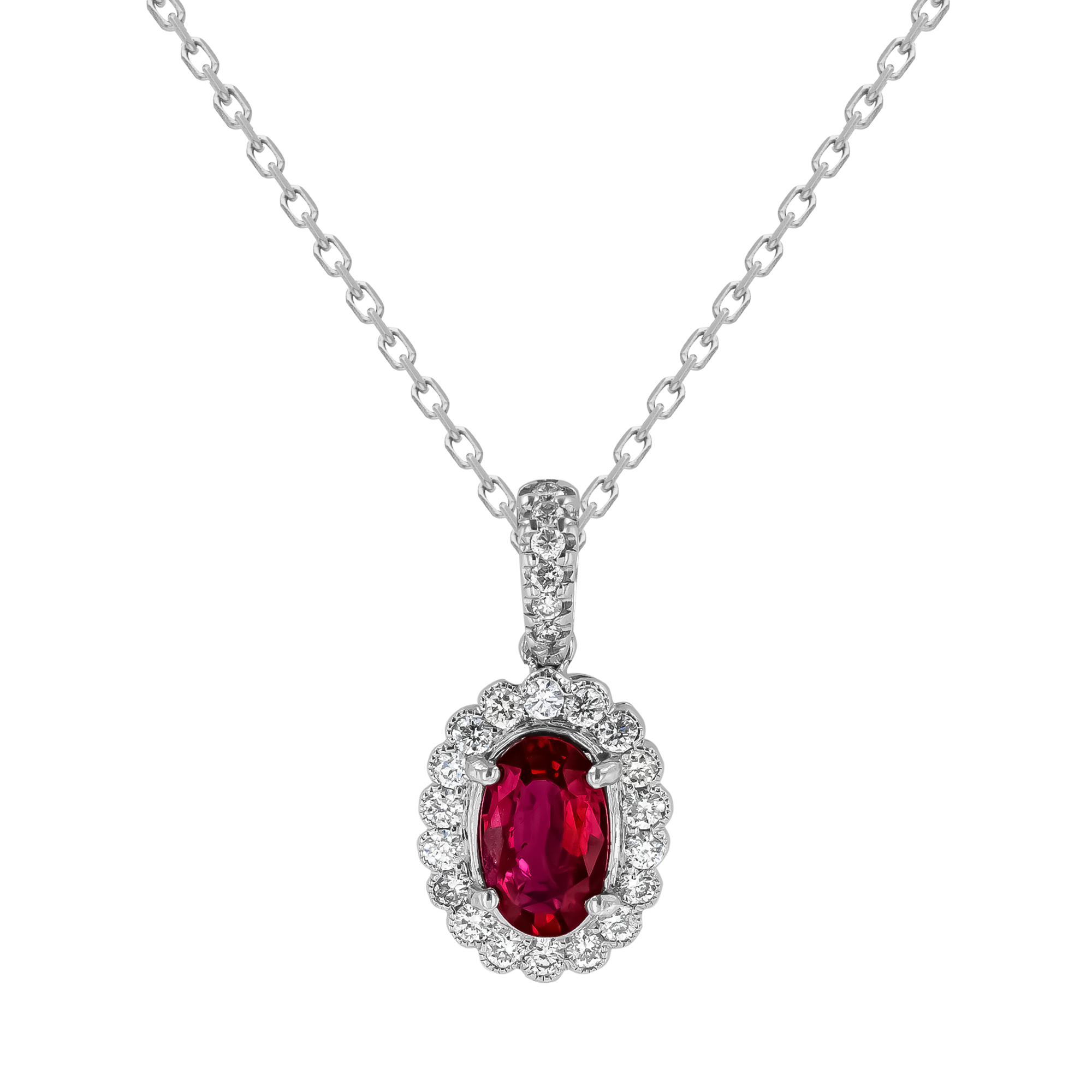 Oval Cut 0.58ct Ruby and Diamond Pendant in 18ct White Gold Oval Cut, Claw Set_1