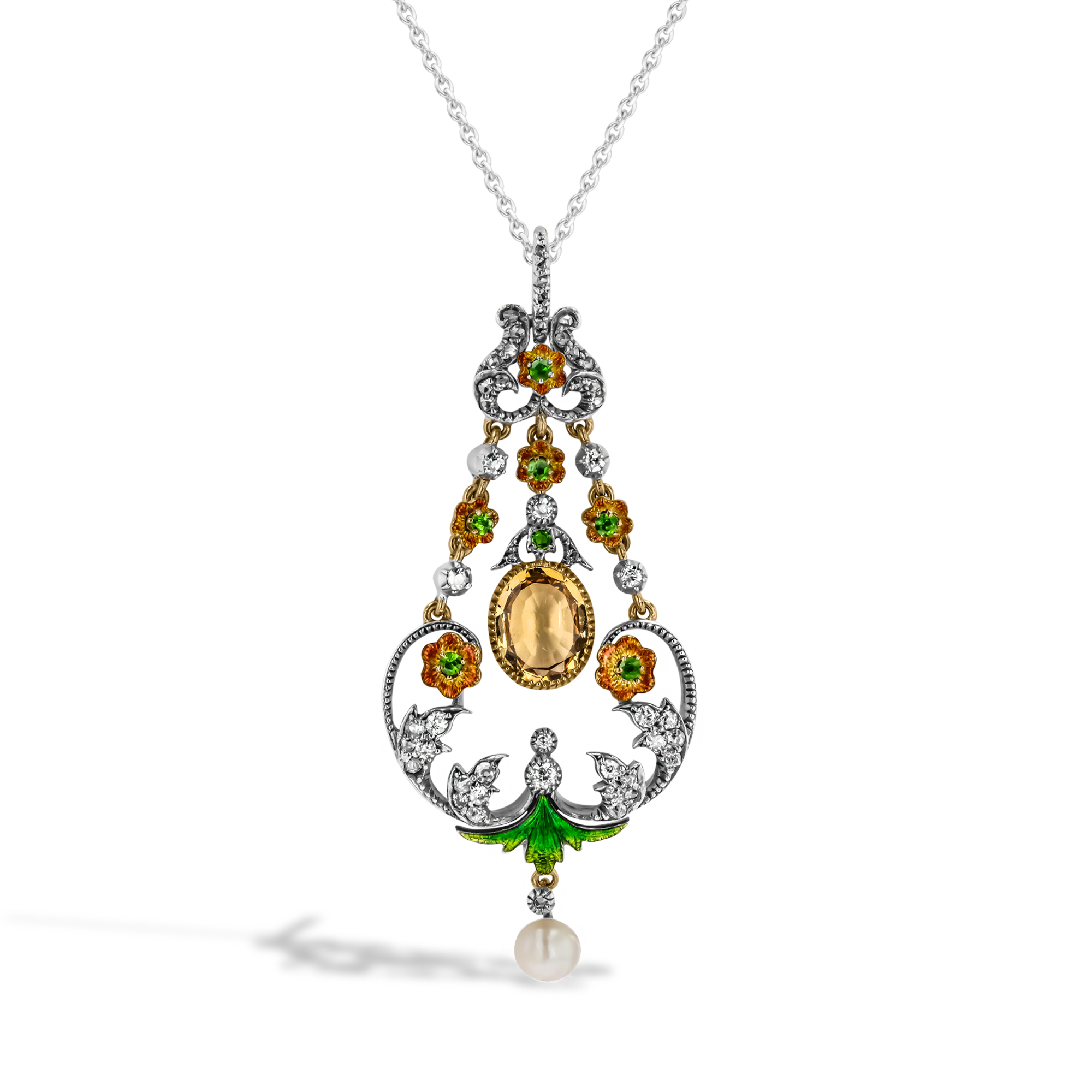 Belle Epoque Orange Topaz, Diamond, Enamel & Pearl  Pendant Oval Cut, Millegrain Set_1