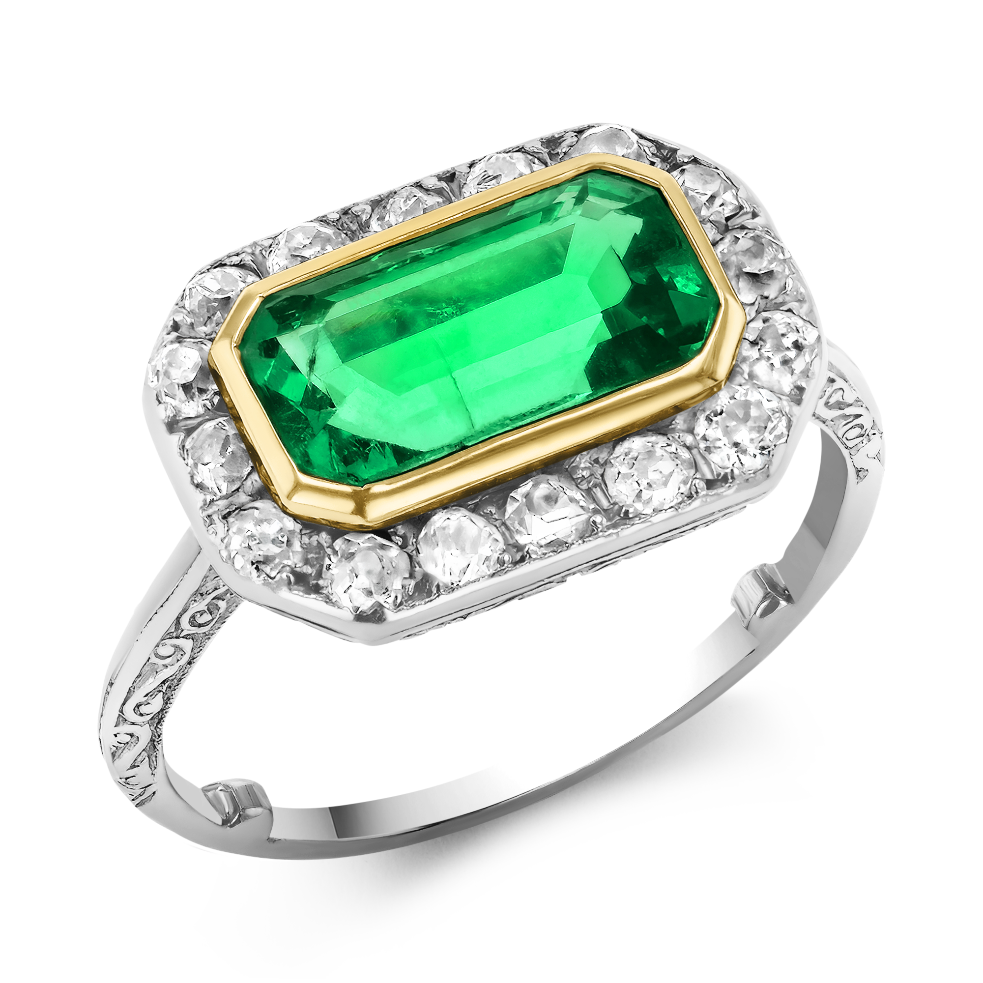 Edwardian 1.90ct Muzo Emerald and Diamond Cluster Ring Octagon Cut, Rubover Set_1