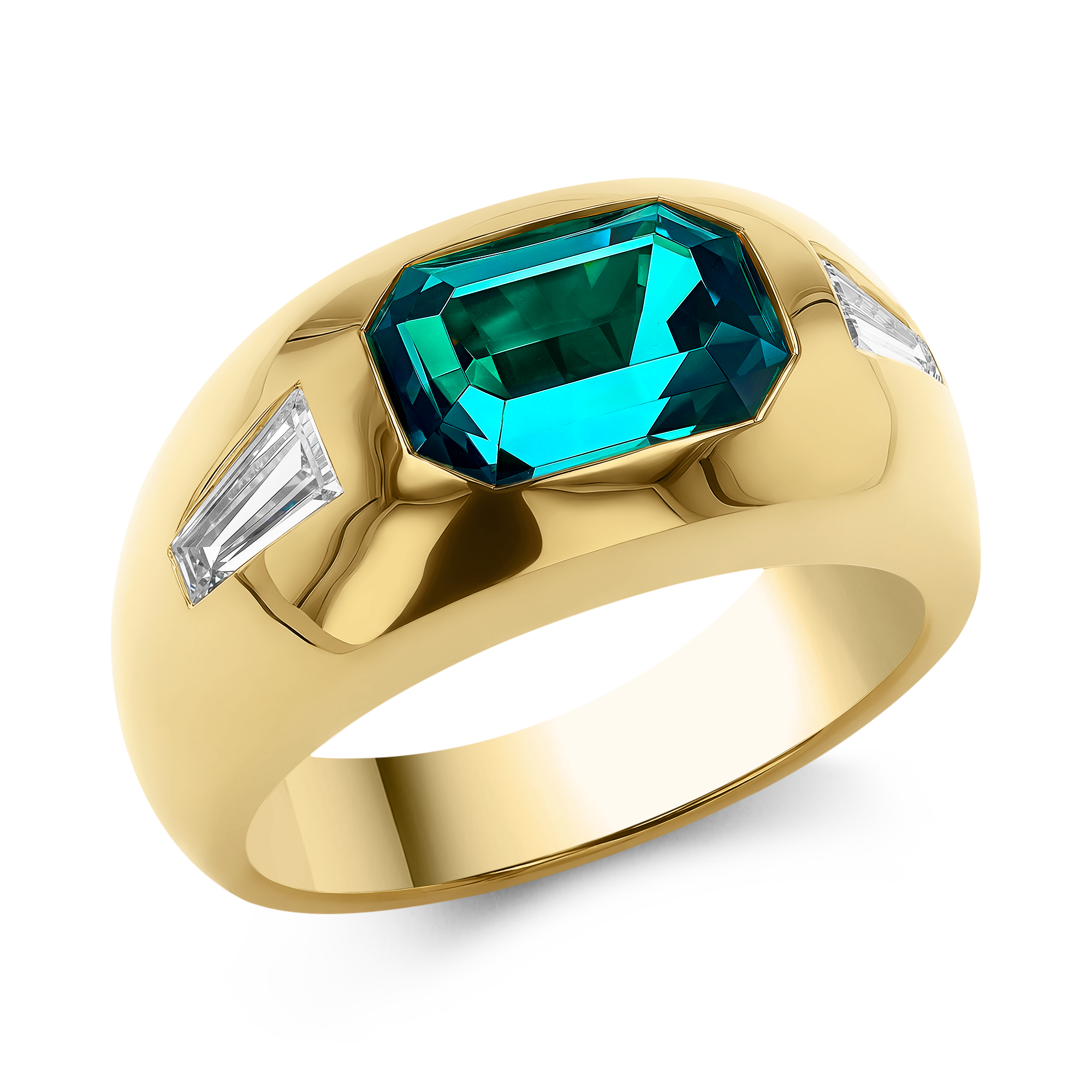 Stellar 2.71ct Namibian Indicolite Tourmaline and Diamond Bombe Ring Emerald & Tapered Baguette Cut, Rubover Set_1