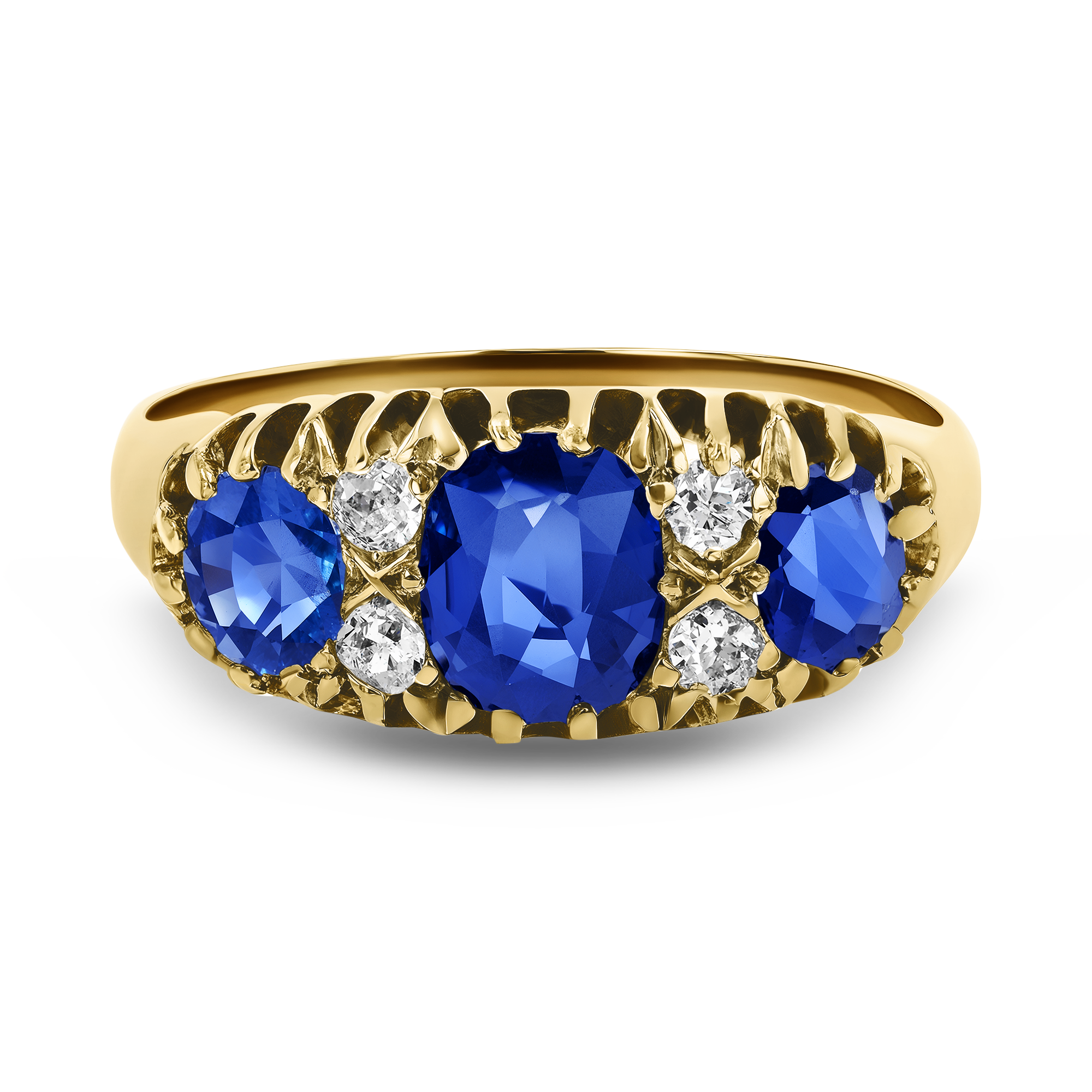 Victorian 1.69ct Sapphire and Diamond Three Stone Ring Cushion Antique Cut, Claw Set_2