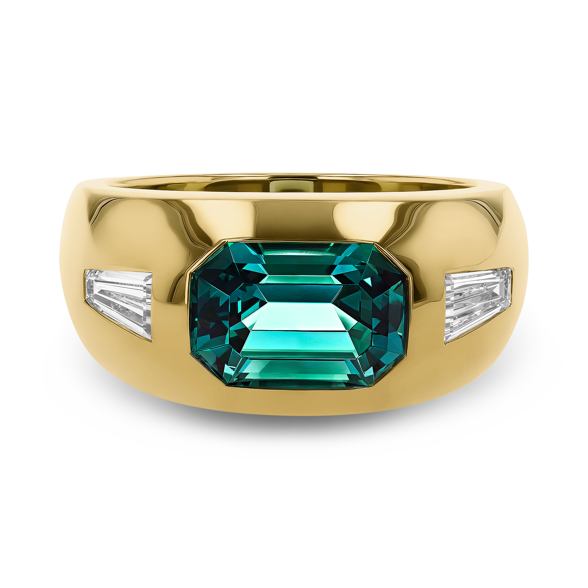 Stellar 2.71ct Namibian Indicolite Tourmaline and Diamond Bombe Ring Emerald & Tapered Baguette Cut, Rubover Set_2