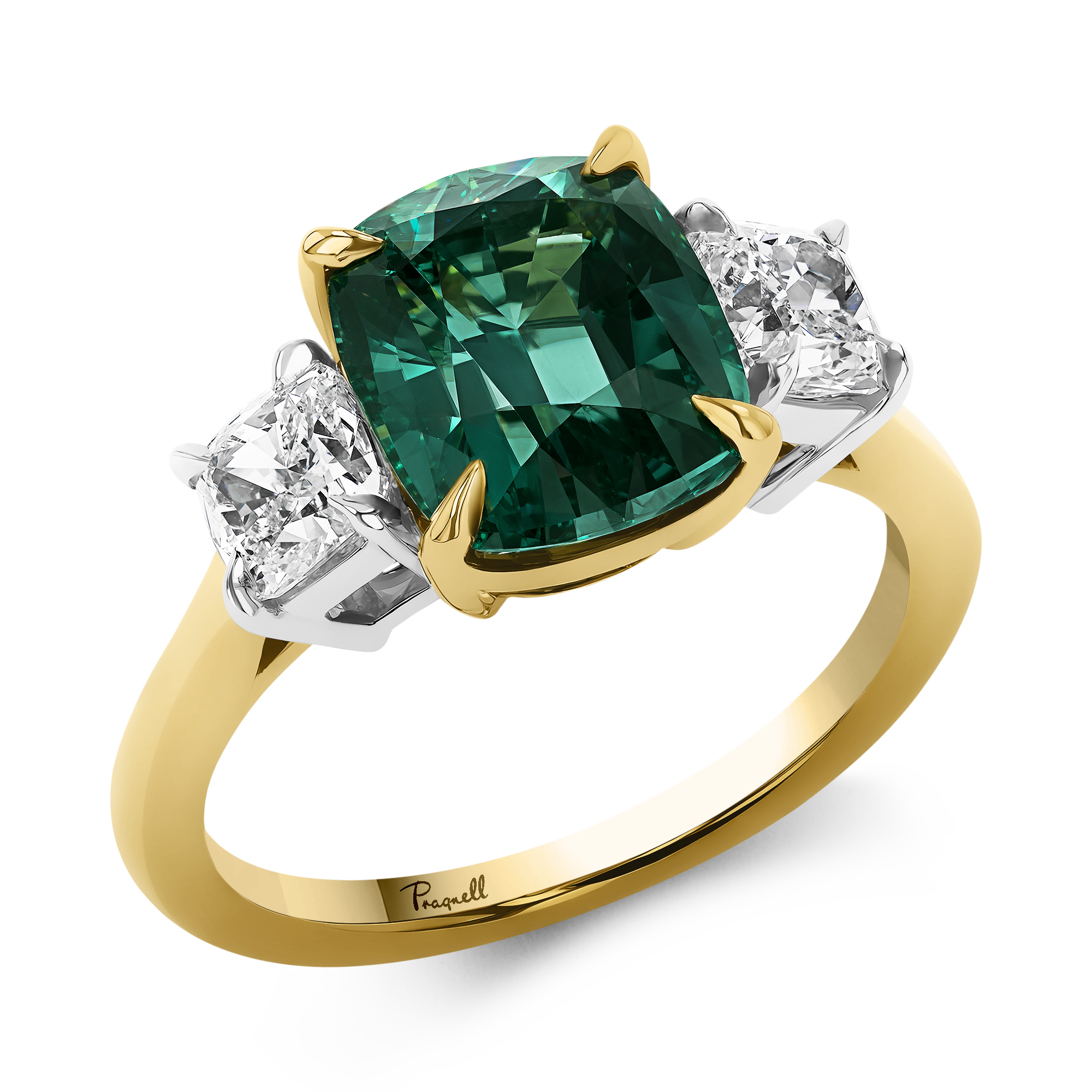 Cushion Cut 3.52ct Namibian Lagoon Tourmaline and Diamond Three Stone Ring Cushion modern cut, Claw set_1