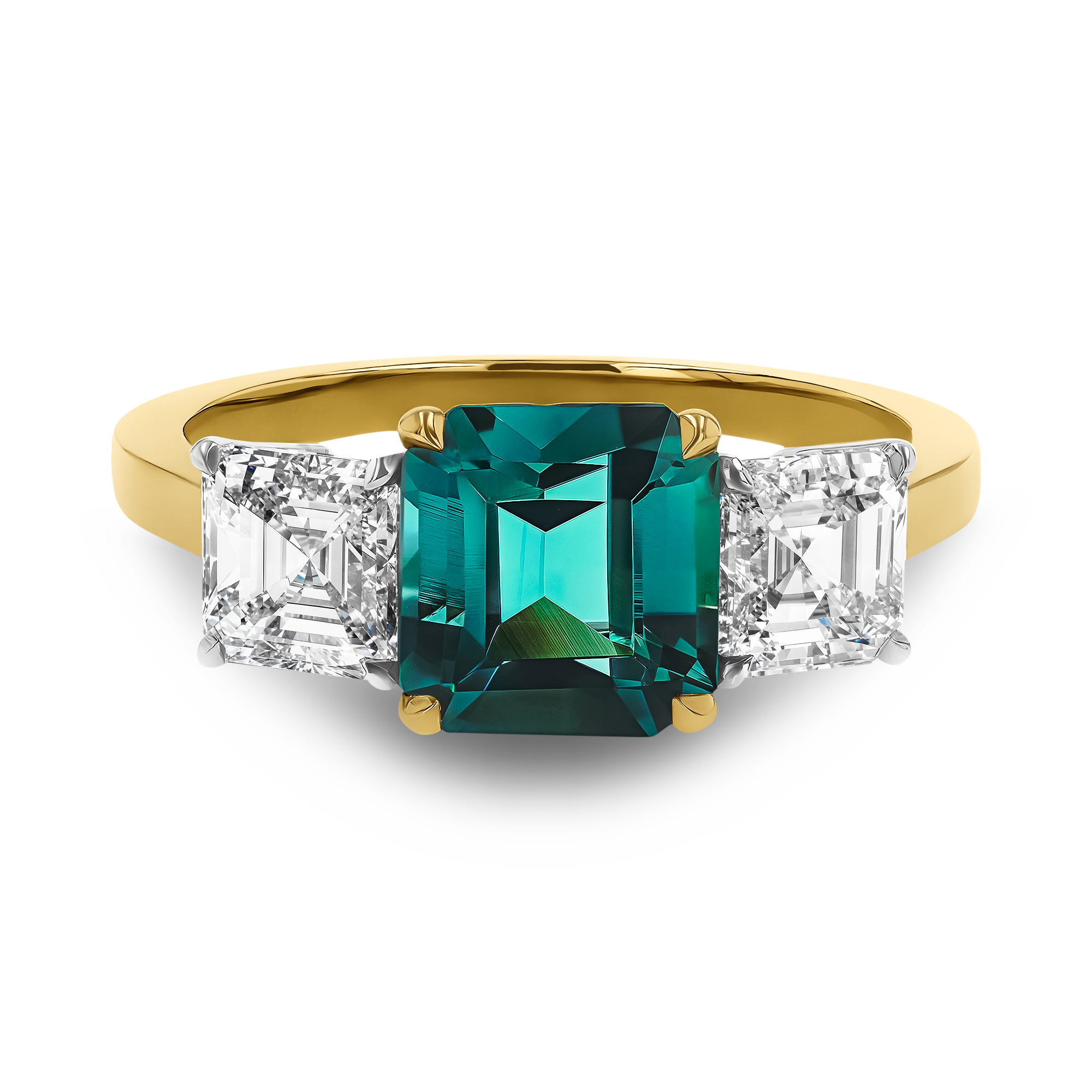 Emerald Cut 1.89ct Namibian Lagoon Tourmaline and Diamond Three Stone Ring Emerald Cut, Claw Set_2