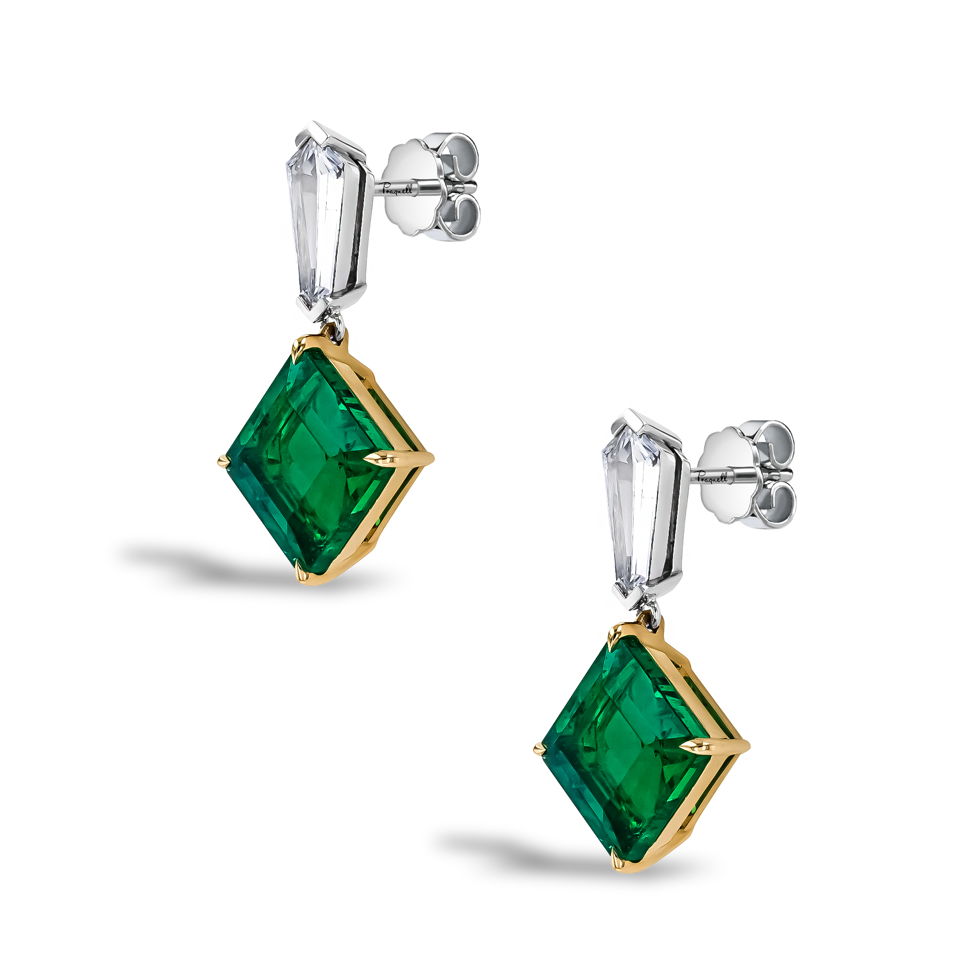 Square Cut Zambian Emerald and Diamond Drop Earrings Square Cut, Claw Set_2