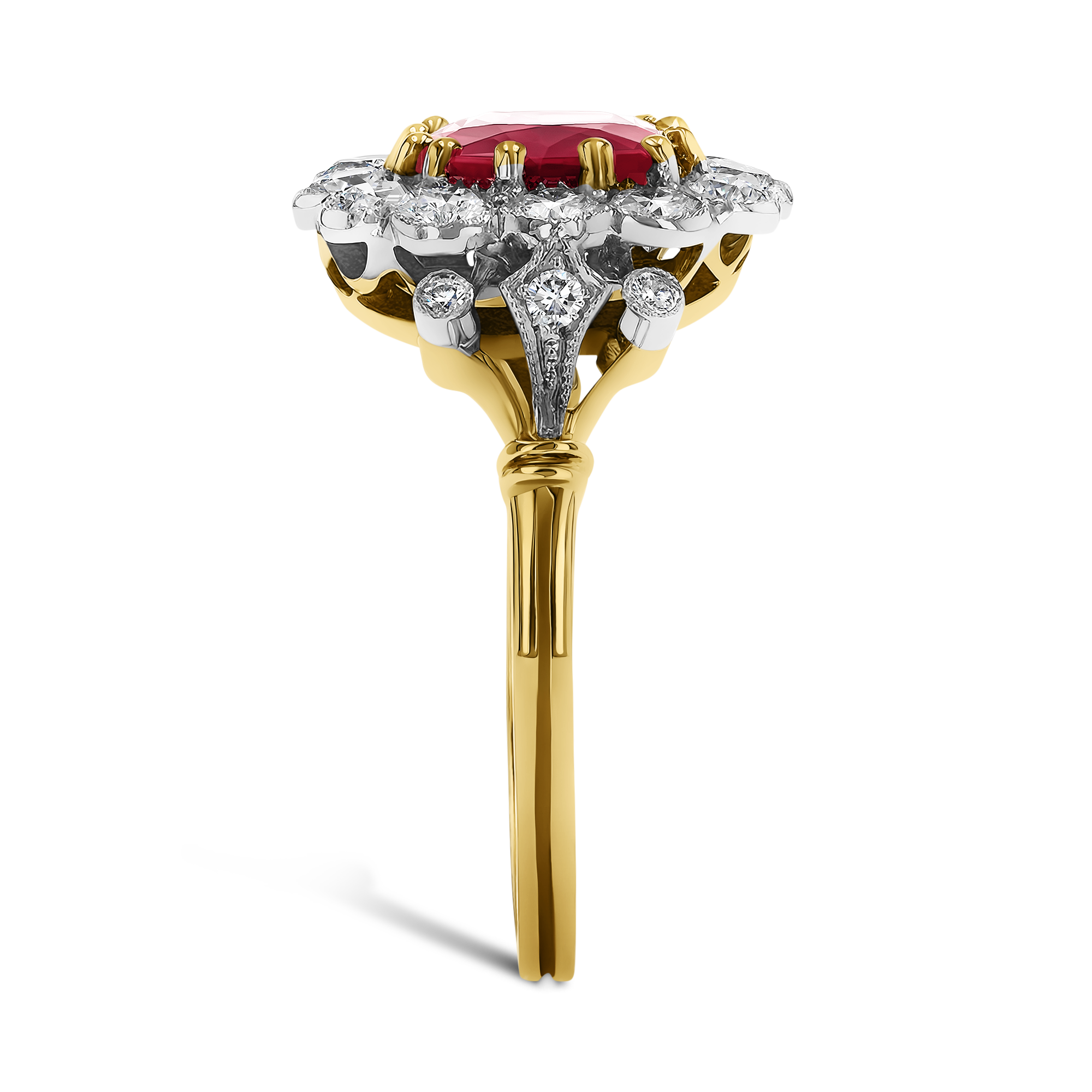 Edwardian Inspired Cushion Cut 1.17ct Ruby and Diamond Cluster Ring Cushion & Brilliant Cut, Claw Set_4