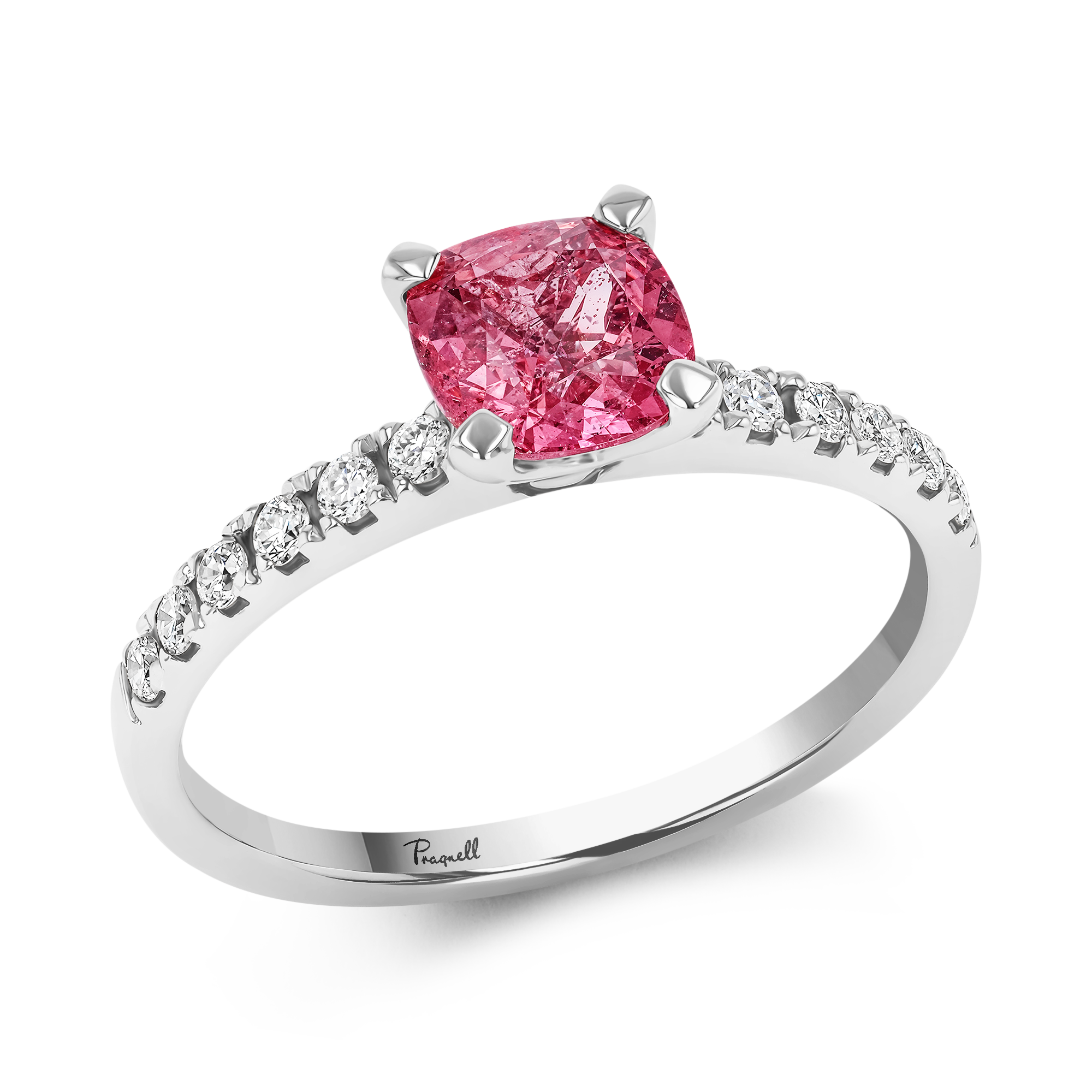 Pink Tourmaline and Diamond Ring Cushion and Brilliant Cut, Claw Set_1