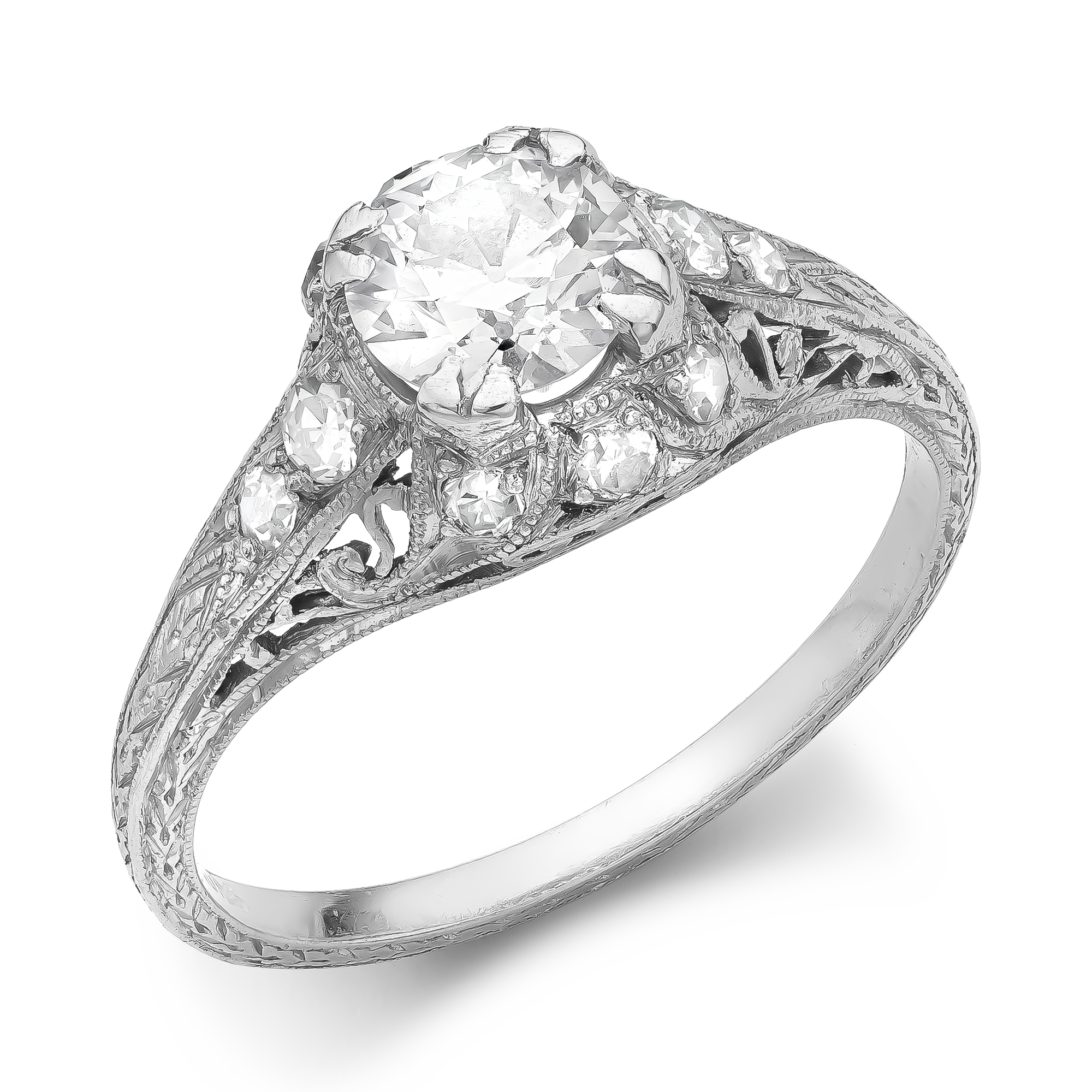 Edwardian 0.64ct Diamond Engraved Edging Ring Old Cut, Claw Set_1