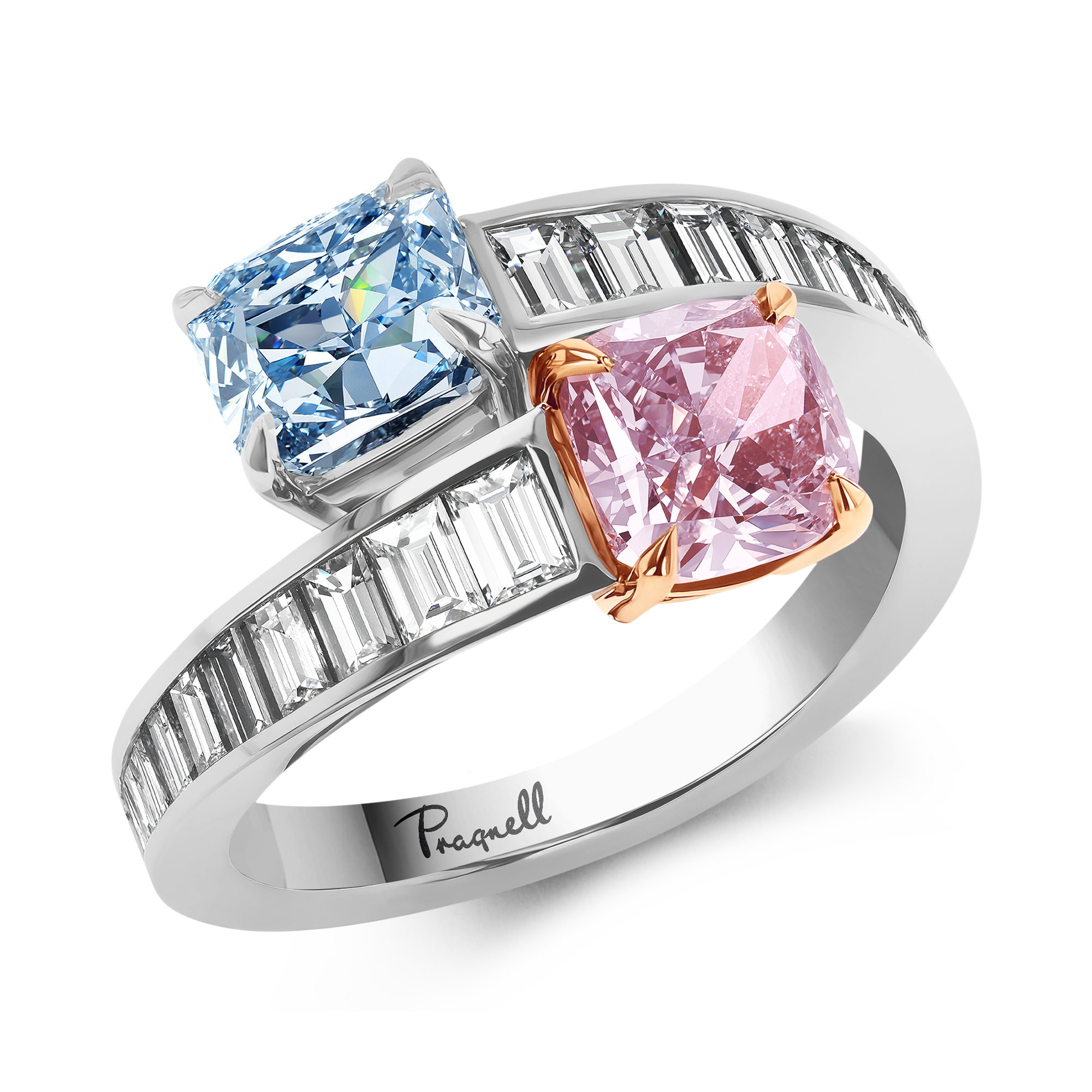 Masterpiece 2.65ct Pink and Blue Diamond Toi et Moi Ring Radiant and Cushion Cut, Claw Set_1