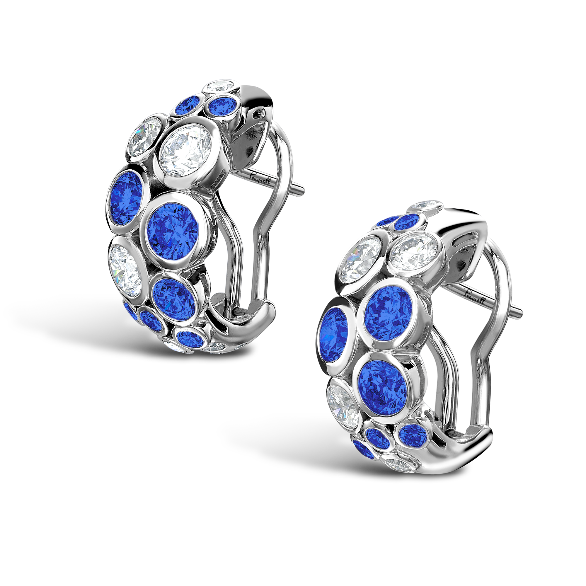 Bubbles Blue Sapphire and Diamond Half-Hoop Earrings Brilliant Cut, Rubover Set_3