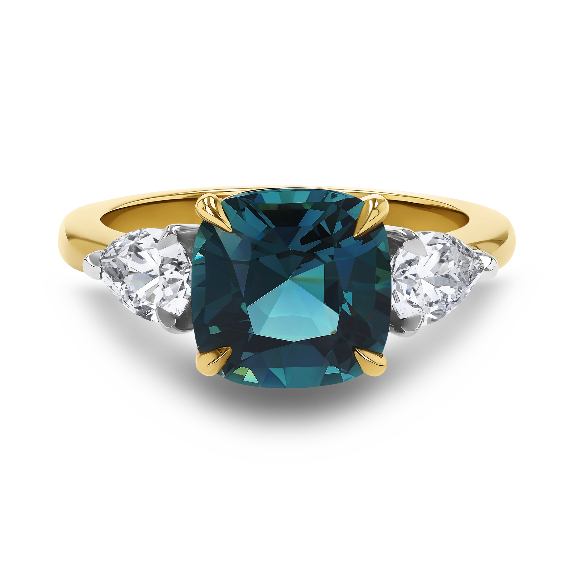 Cushion Cut 2.80ct Namibian Lagoon Tourmaline and Diamond Three Stone Ring Cushion modern cut, Claw set_2