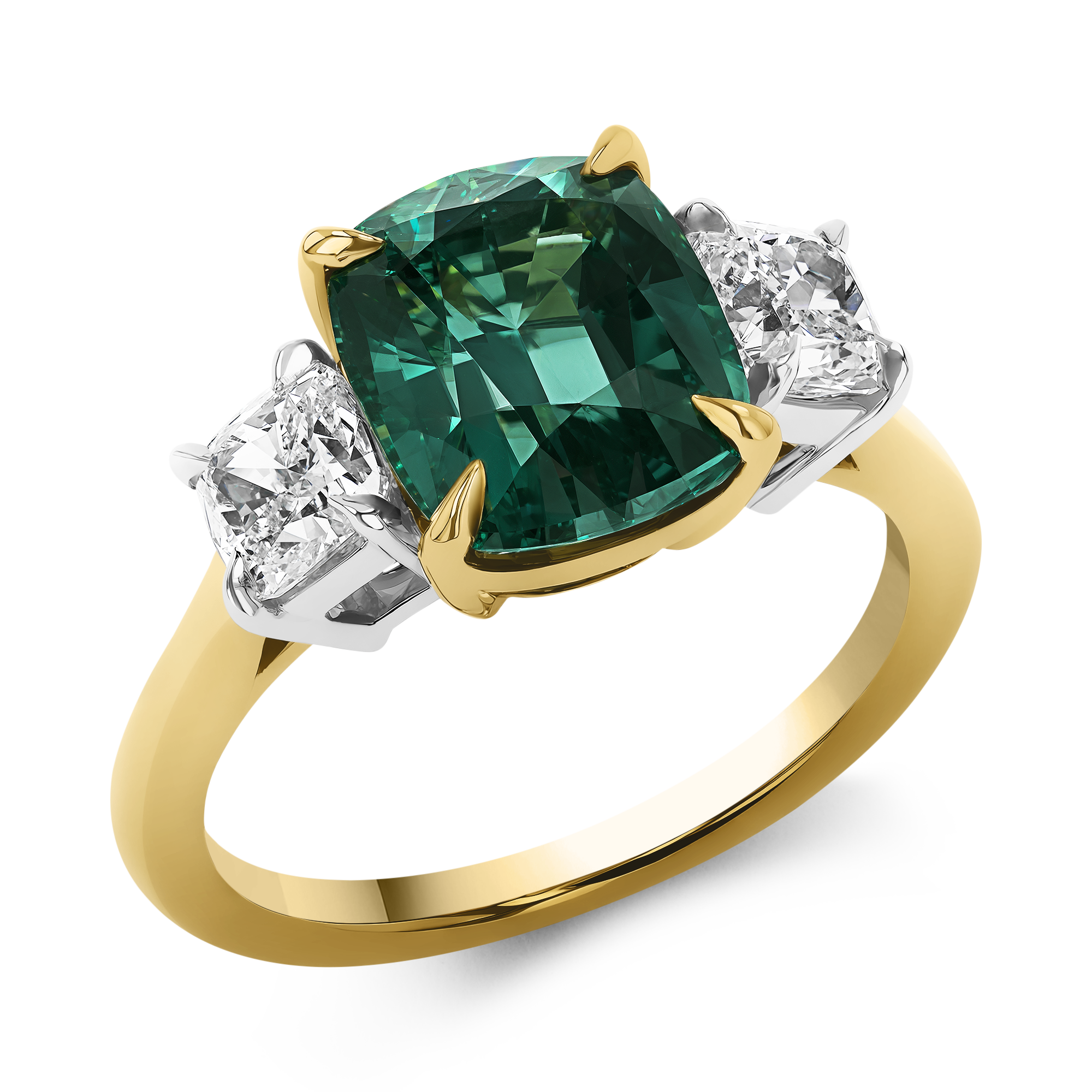 Cushion Cut 3.52ct Namibian Lagoon Tourmaline and Diamond Three Stone Ring Cushion modern cut, Claw set_1