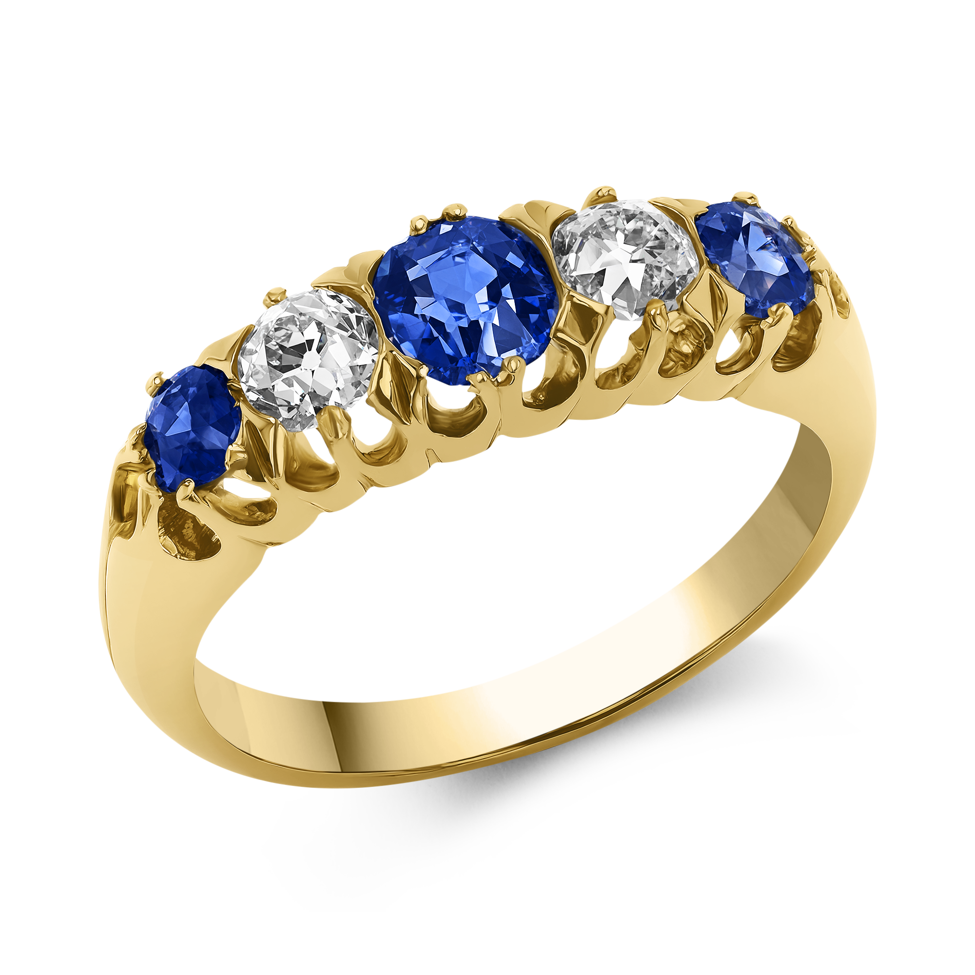 Victorian 1.30ct Sapphire and Diamond Five Stone Ring Cushion Antique Cut, Claw Set_1