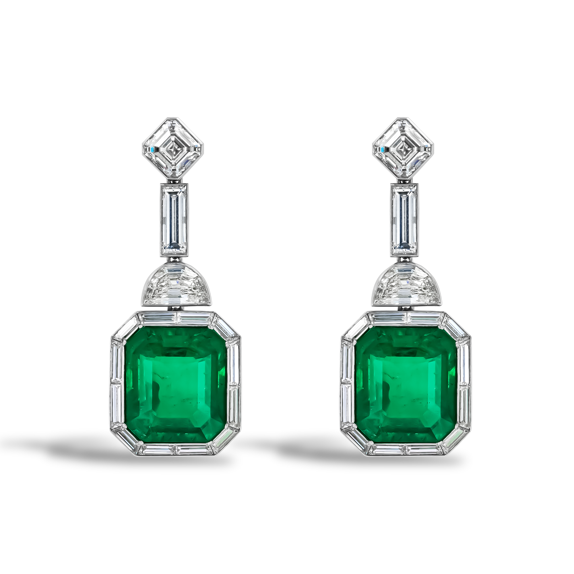 Masterpiece 14.07cts Colombian Emerald and Diamond Art Deco Inspired Drop Earrings Octagon, Half-Moon, Baguette & Asscher Cut, Claw Set_1