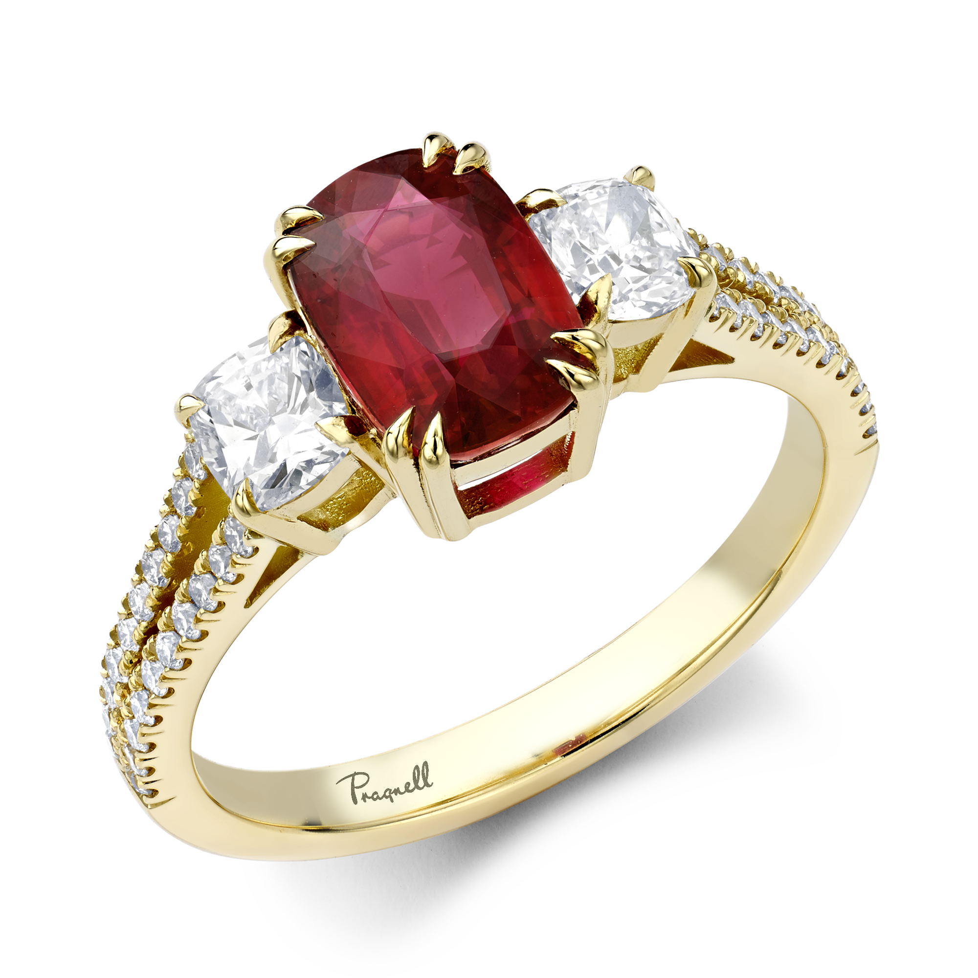 Mozambique 2.04ct Ruby and Diamond Three Stone Ring Cushion Cut, Claw Set_1