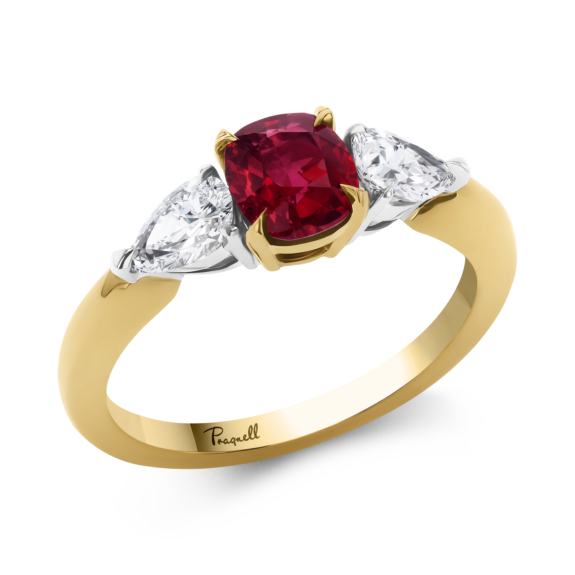 1.03ct Ruby and Diamond Three Stone Ring Cushion & Pear Cut, Claw Set_1