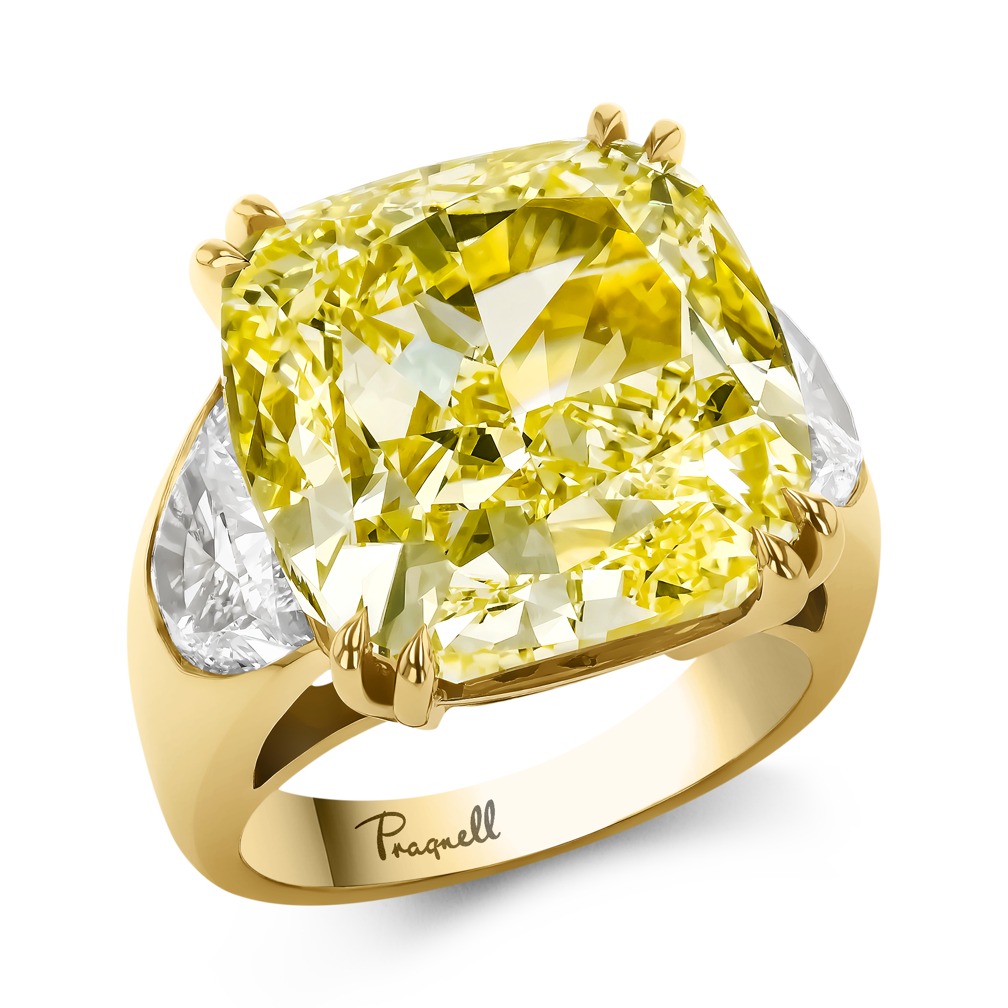 Masterpiece Cushion Cut 20.23ct Kimberley Fancy Yellow Diamond Ring Cushion & Half-Moon Cut, Claw Set_1