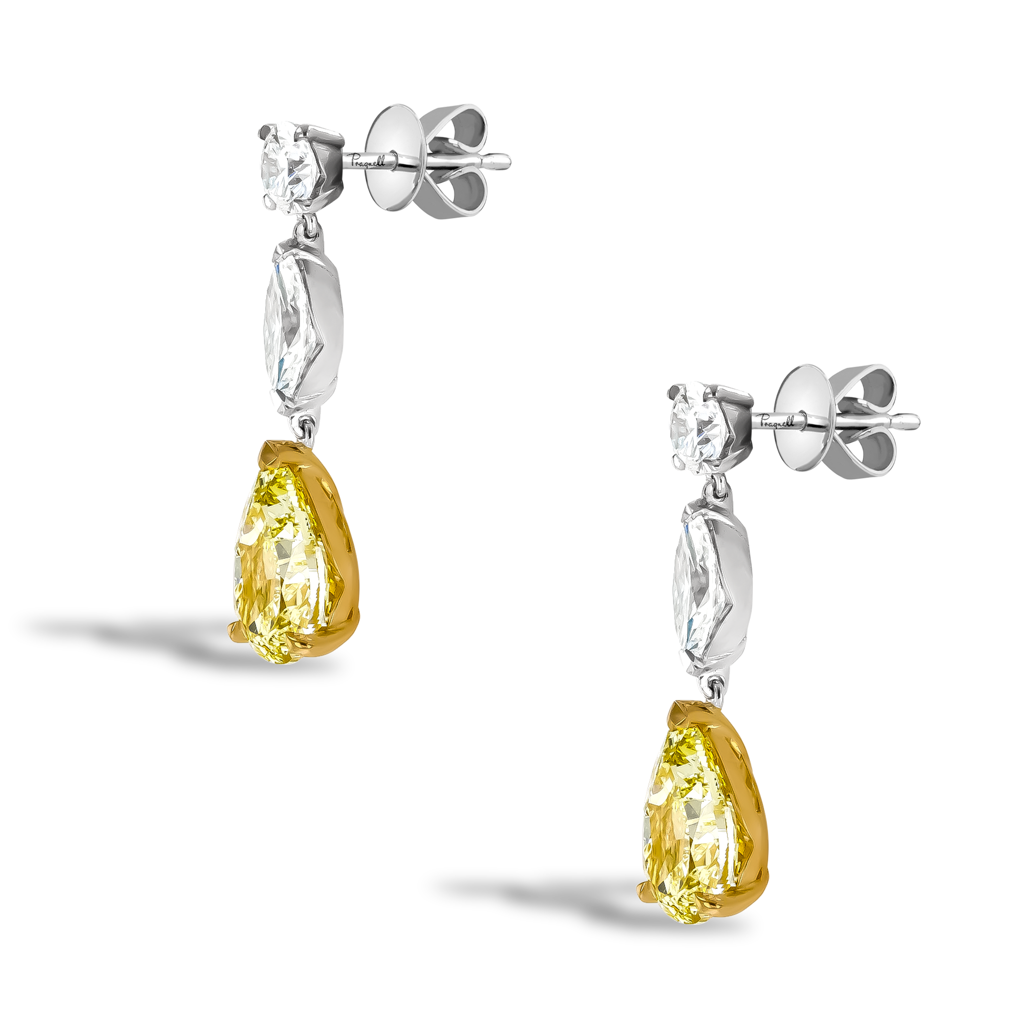 Pear Shaped 3.04ct Fancy Yellow Diamond Drop Earrings Pear, Marquise & Brilliant Cut, Claw Set_2