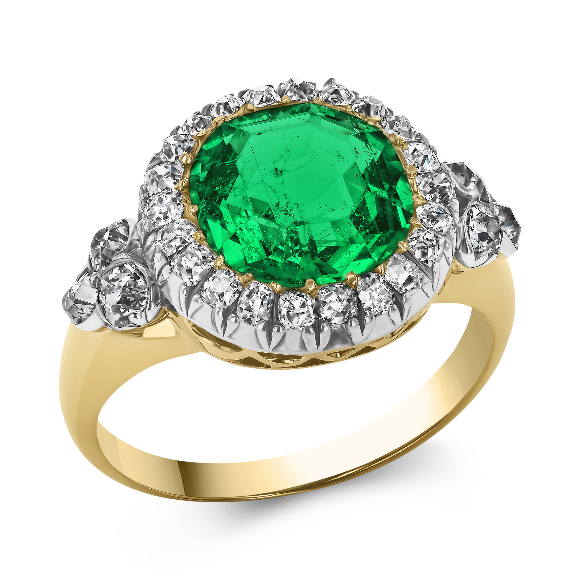 Victorian 2.50ct Colombian Emerald and Diamond Cluster Ring Octagonal Cut, Claw Set_1