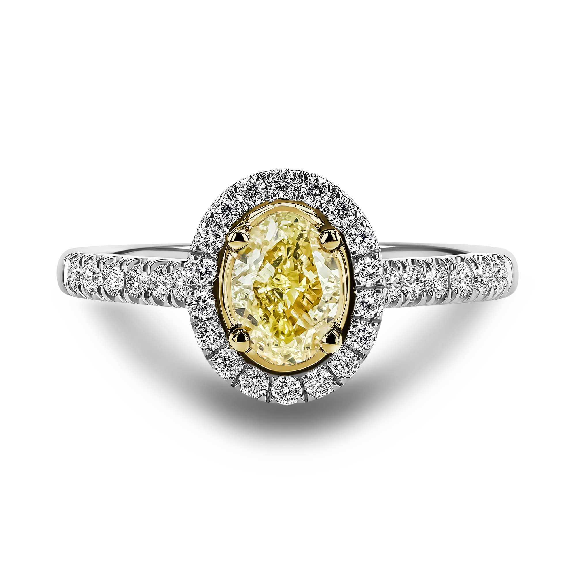 Fancy Yellow Diamond Cluster Ring with Diamond Surround and Shoulders Oval Cut, Four Claw Set_2