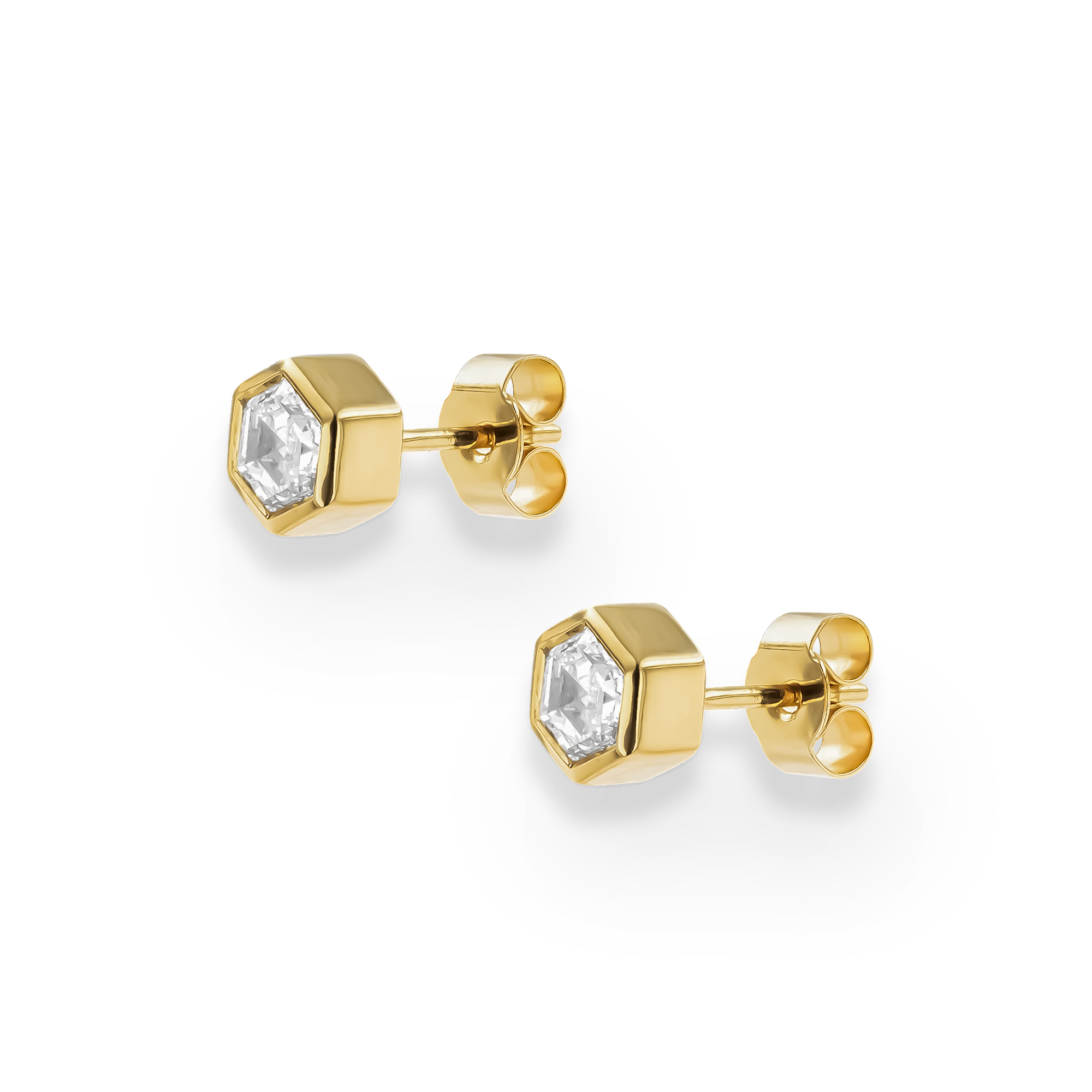 Honeycomb Diamond Solitaire Earrings Hexagonal Cut, Rubover Set_2