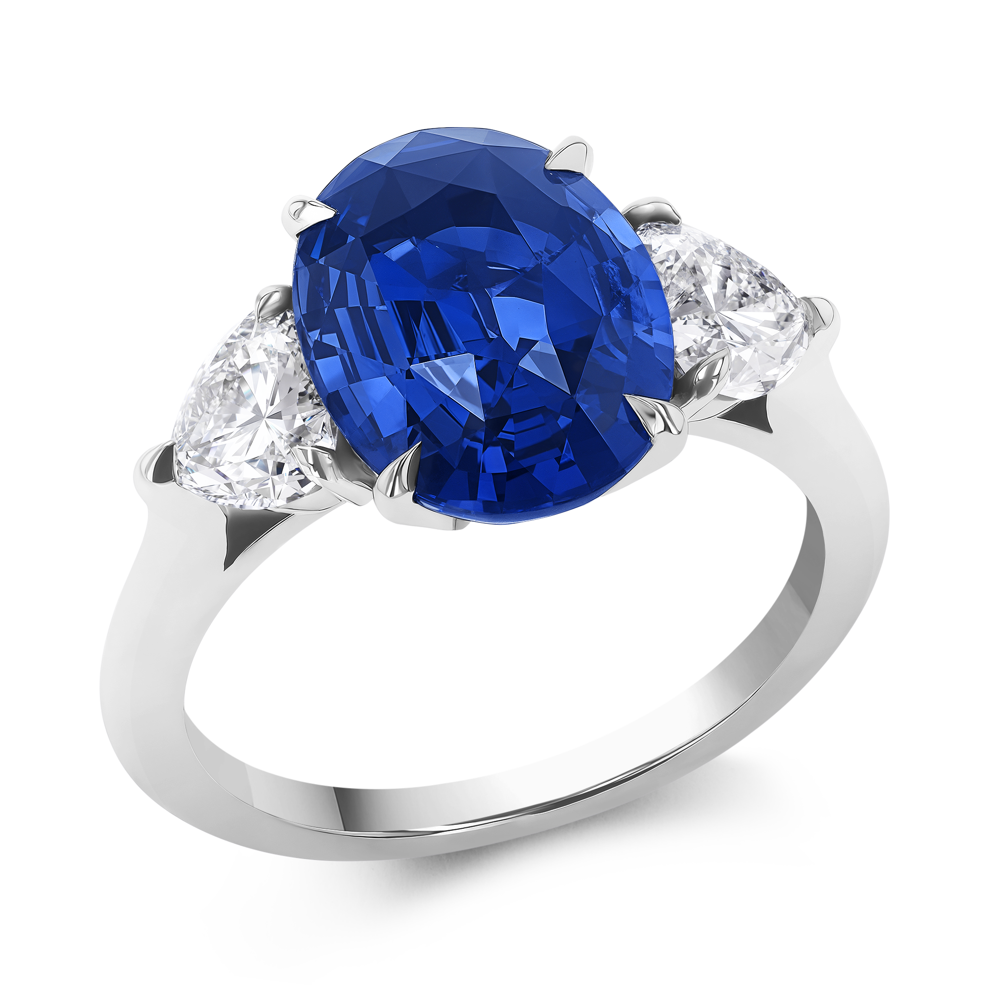 Venus Setting 4.66ct Sri Lankan Sapphire and Diamond Three Stone Ring Oval & Heart Cut, Claw Set_1