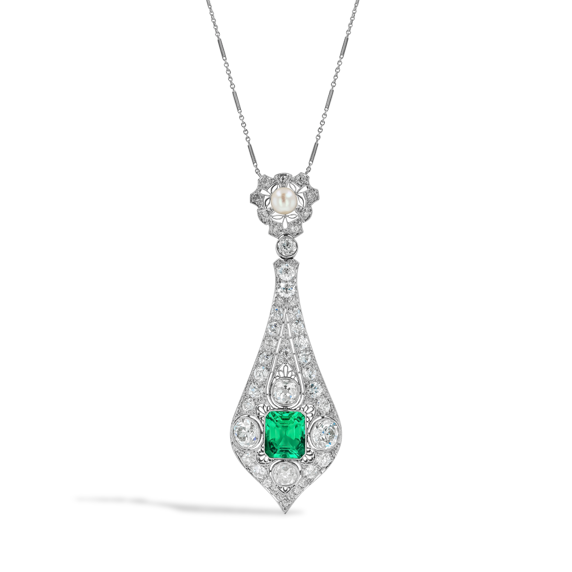 Edwardian 3.75ct Muzo Emerald and Diamond Pendant Emerald Cut, Millegrain Set_1