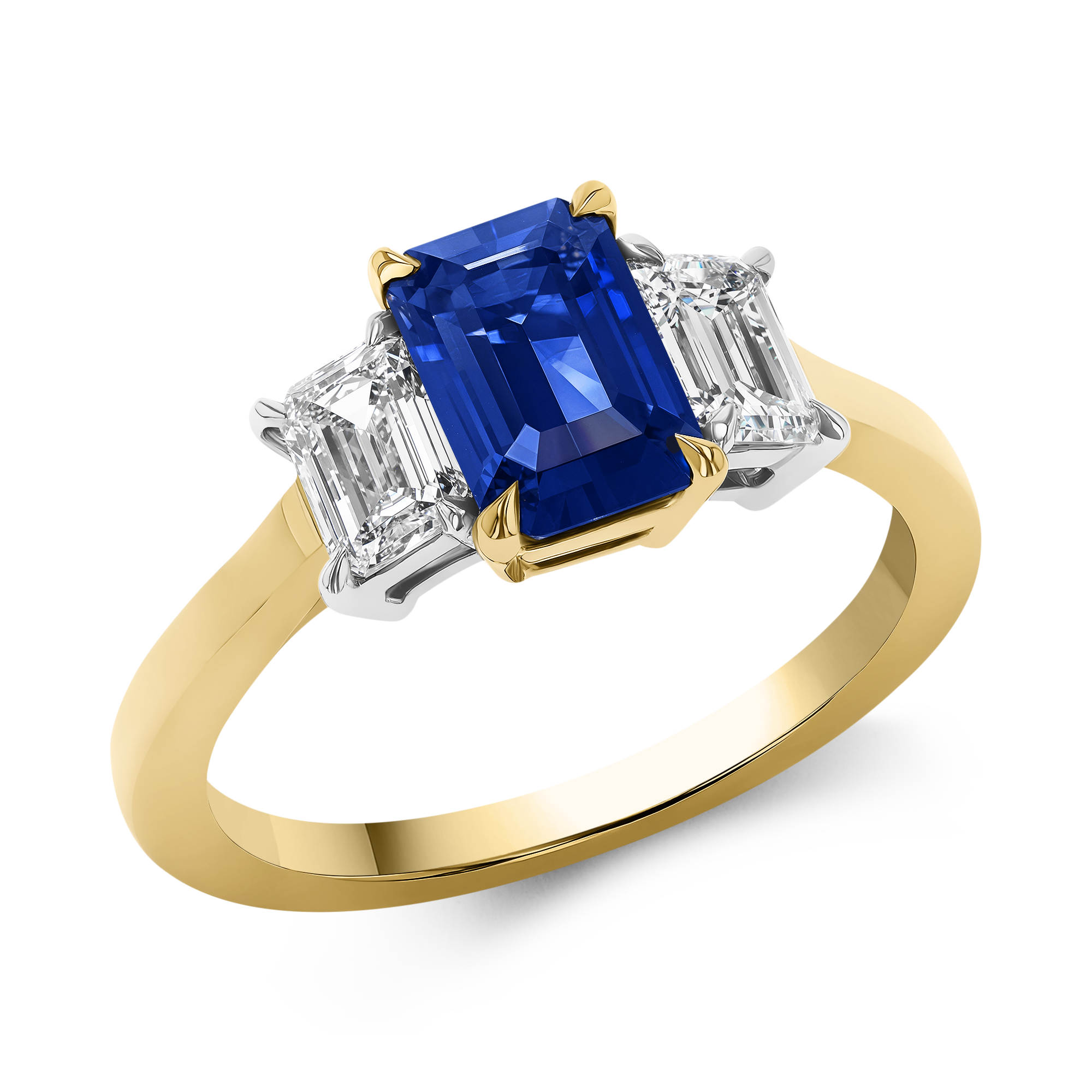 Octagonal Step Cut 1.64ct Sapphire and Diamond Three Stone Ring Octagonal Step & Emerald Cut, Claw Set_1