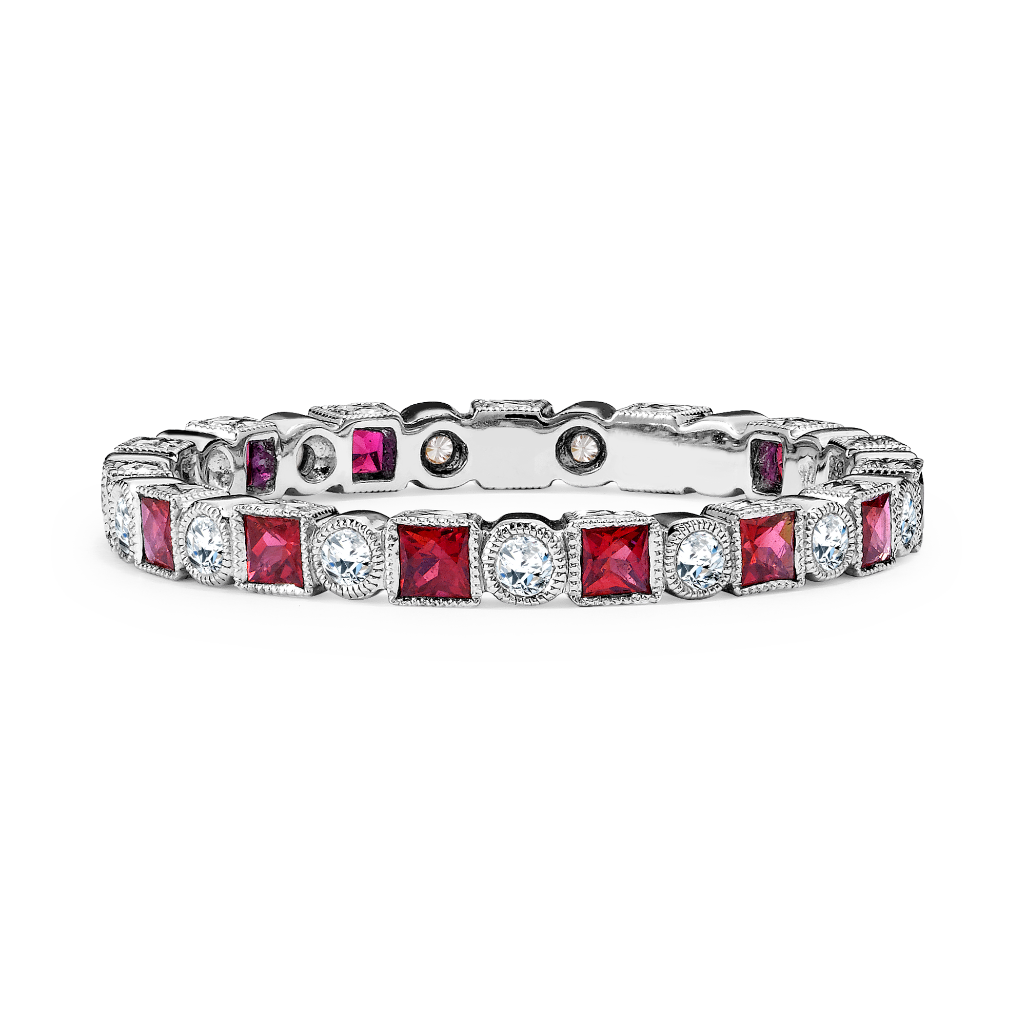 Princess Cut Ruby and Diamond Eternity Ring Princess Cut, Brilliant Cut, Millegrain Set_1