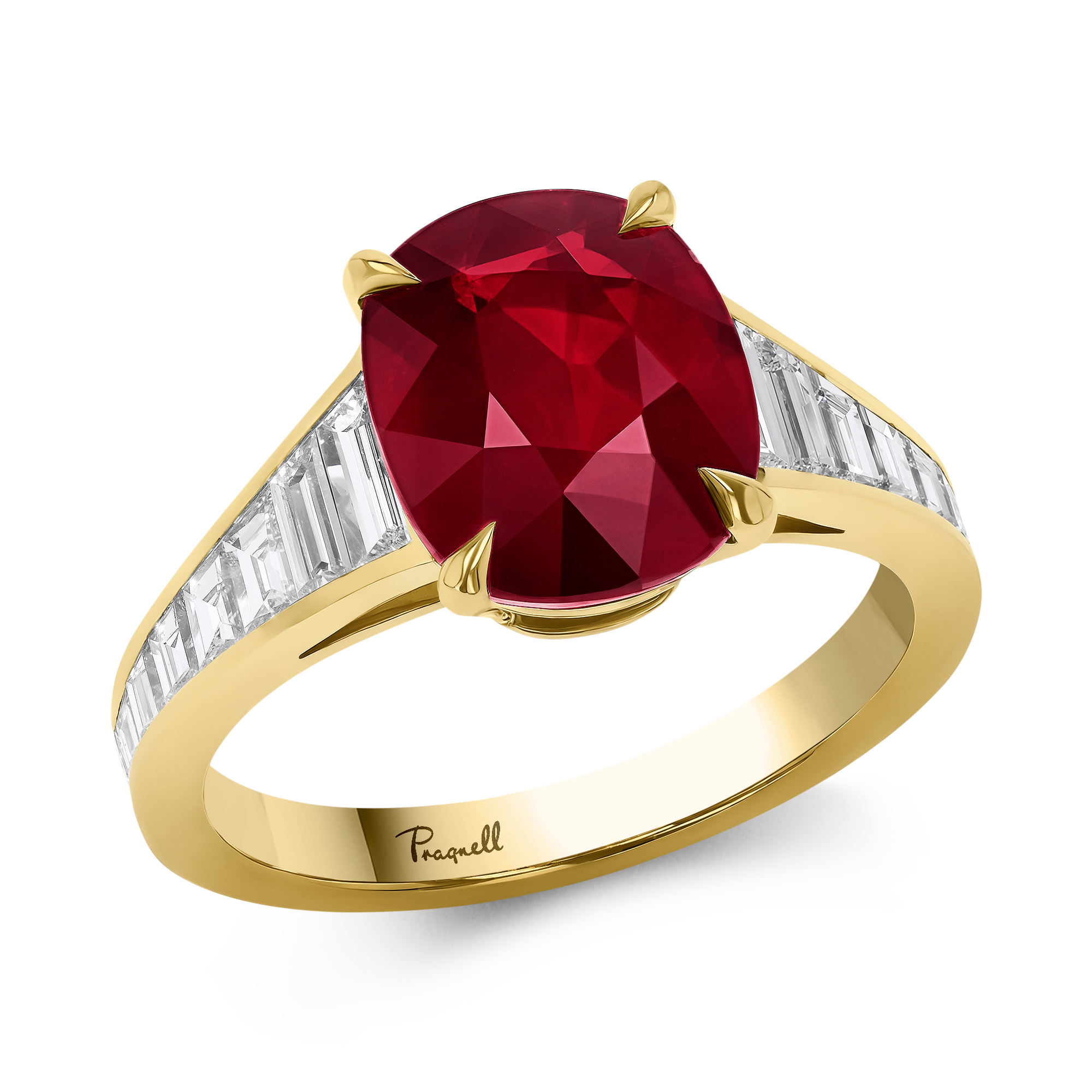 Cushion Cut 3.53ct  Mozambique Ruby and Diamond Ring Cushion & Tapered Baguette Cut, Claw Set_1