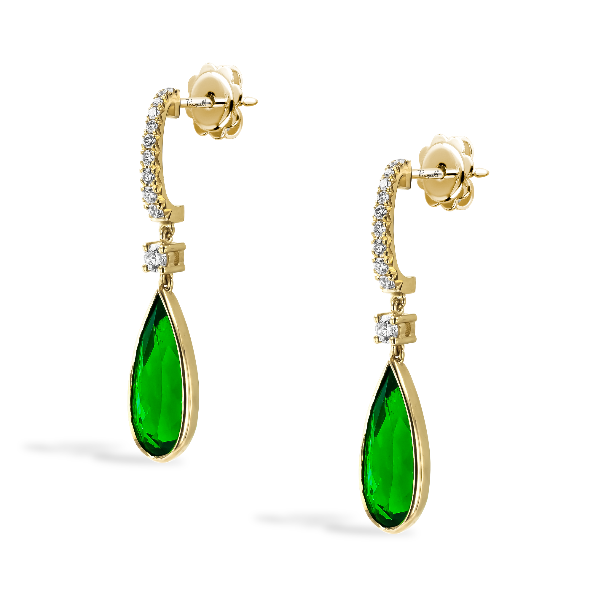 Colombian Emerald Half Hoop Drop Earrings Pear & Brilliant Cut, Claw & Rubover Set_2