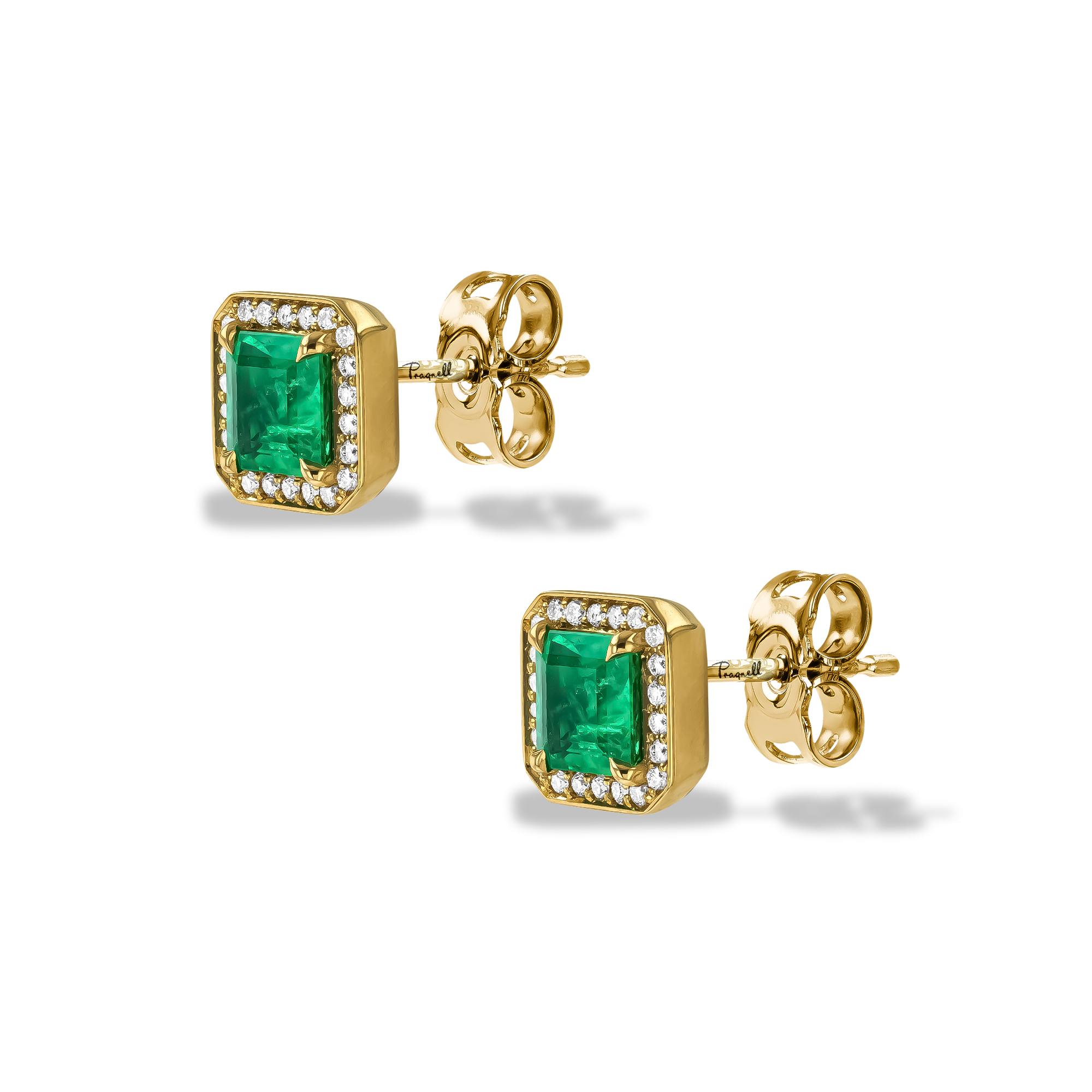 Square Cut 1.92ct Emerald and Diamond Stud Earrings Square Cut, Claw Set_2