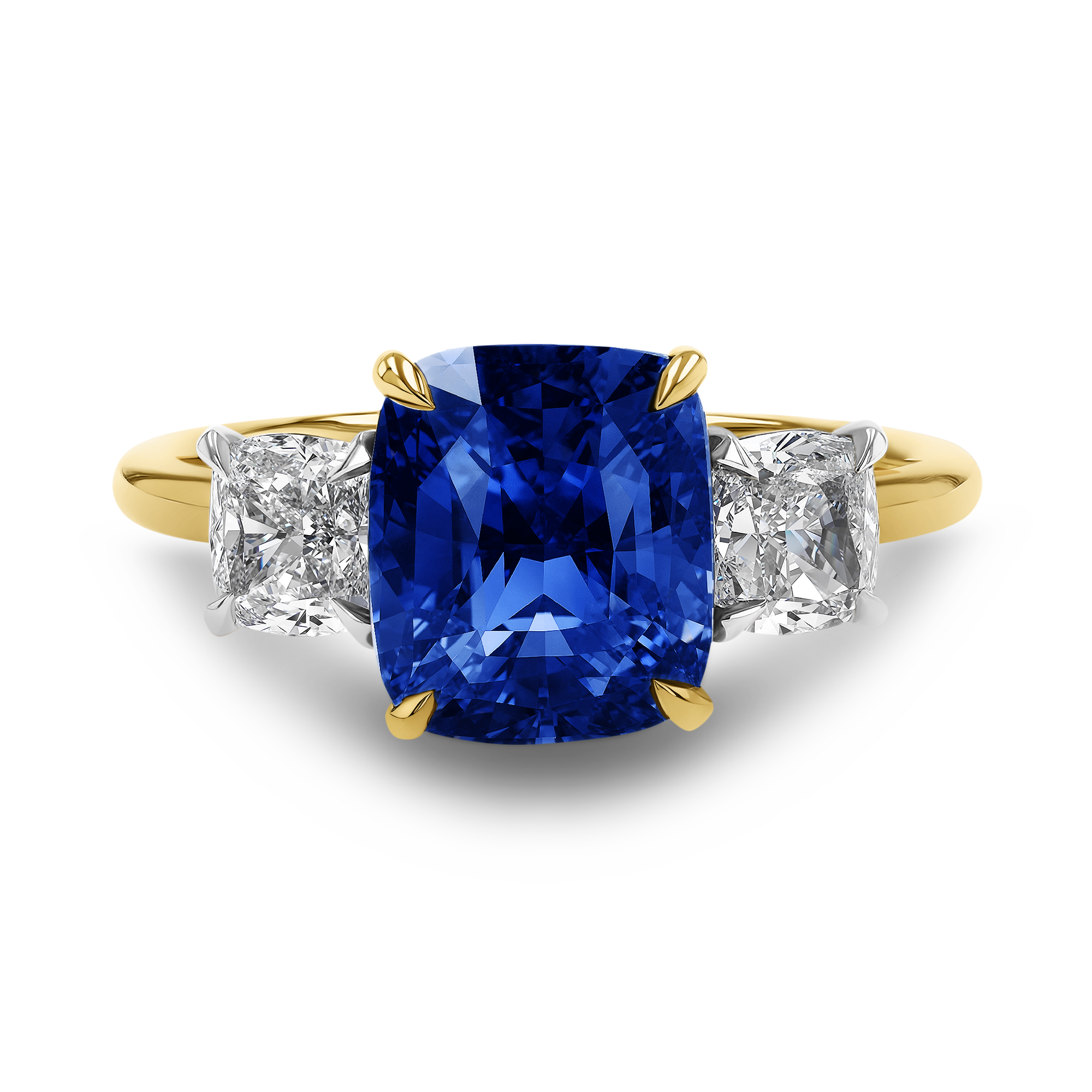 Madagascan 3.06ct Sapphire and Diamond Three Stone Ring Cushion Modern Cut, Rubover Set_2