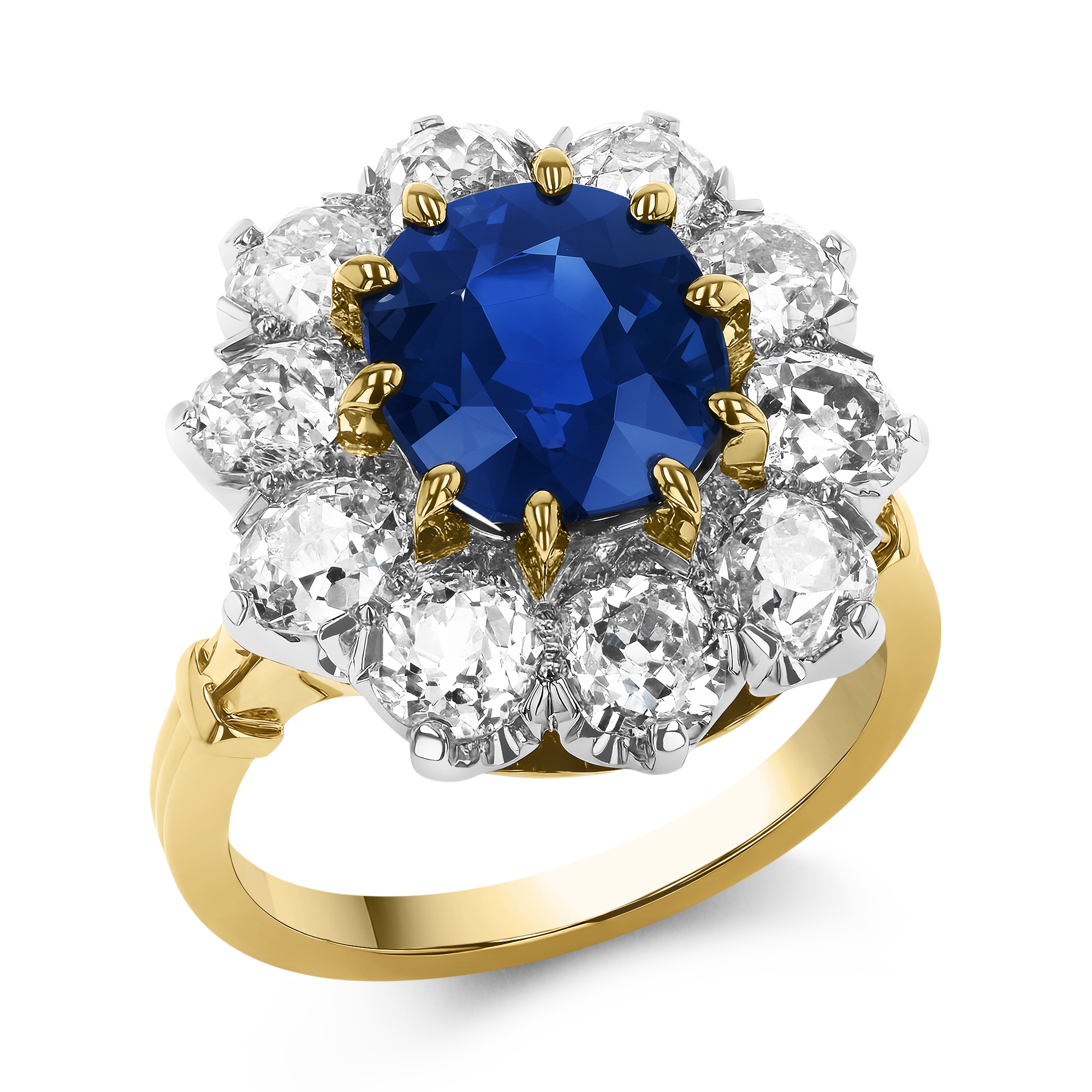 Cushion Cut 4.147ct Kashmir Sapphire Cluster Ring Cushion Antique Cut, Claw Set_1