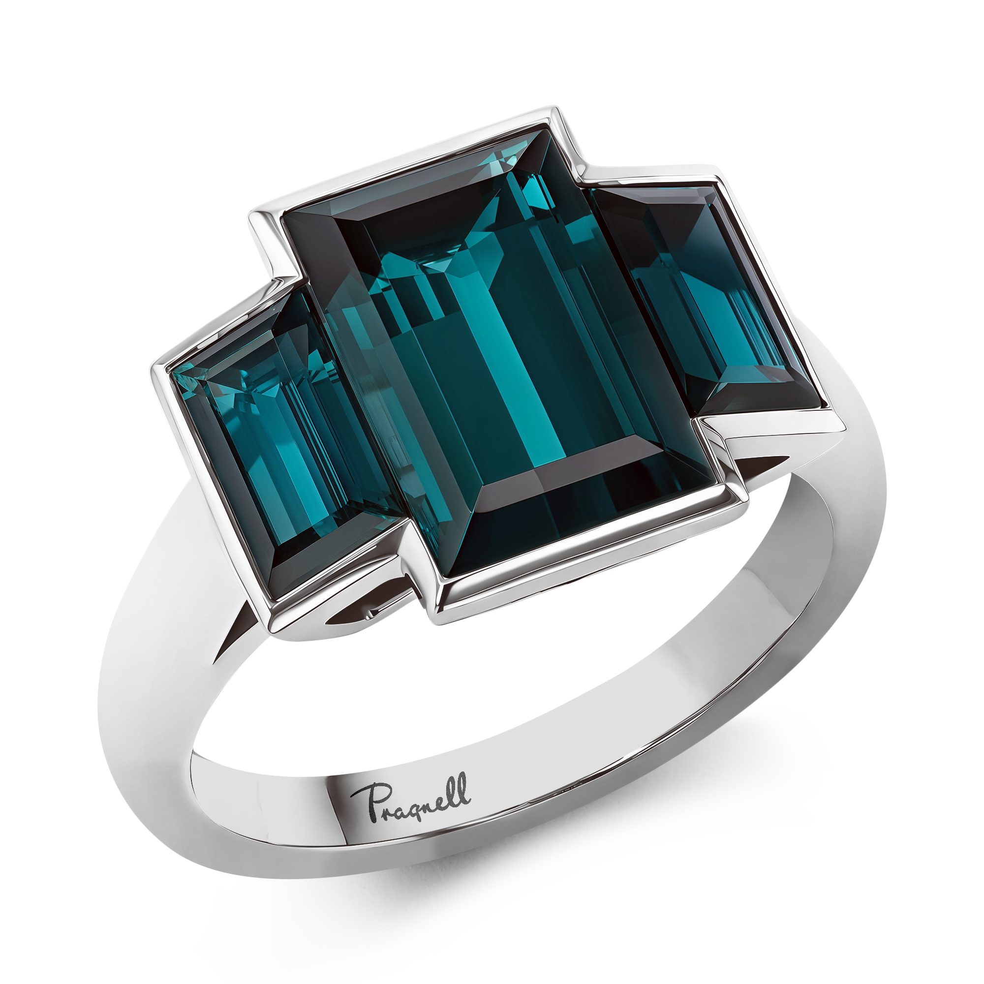 Kingdom Three Stone Indicolite Tourmaline Ring Baguette Cut, Rubover Set_1