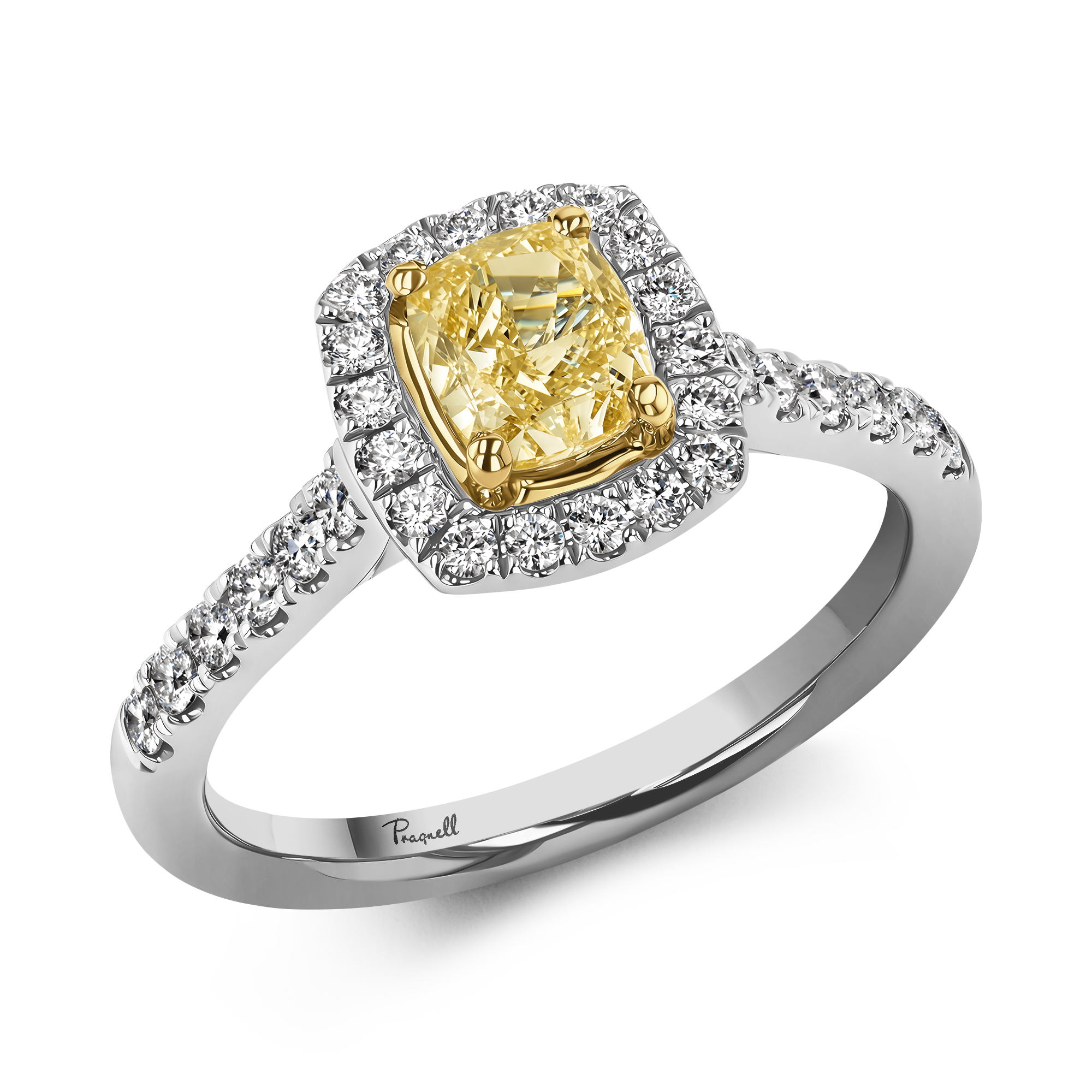 Celestial 0.80ct Fancy Yellow Diamond Cluster Ring Cushion modern cut, Claw set_1