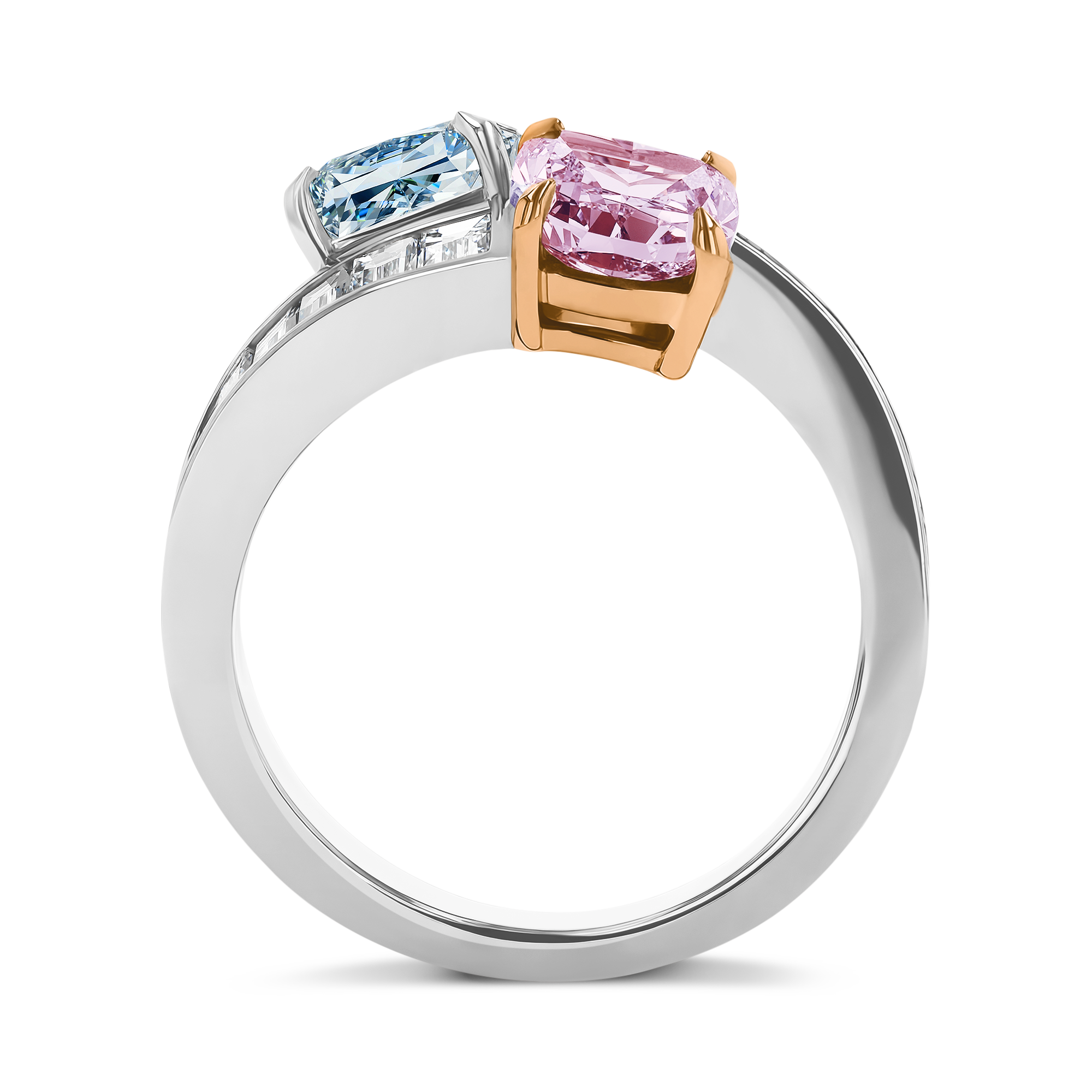 Masterpiece 2.65ct Pink and Blue Diamond Toi et Moi Ring Radiant and Cushion Cut, Claw Set_3